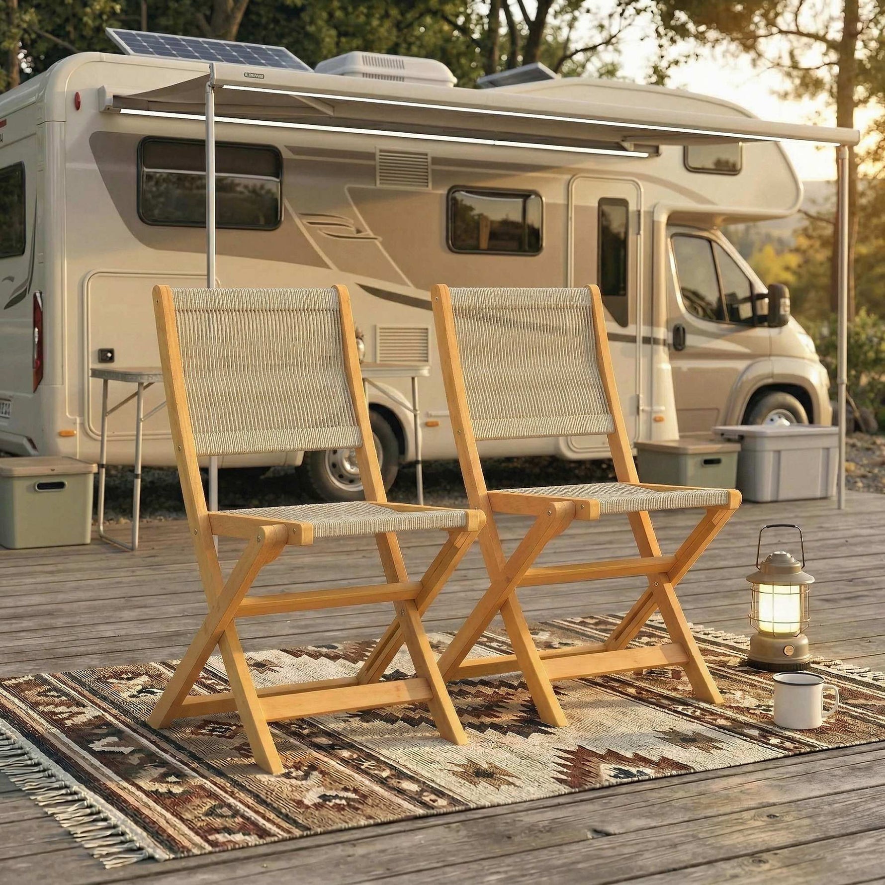 Lot de 2 Chaises de Jardin Pliantes Chaises de Balcon en Bois d'Acacia Assise en Corde Tressée Naturel et Beige