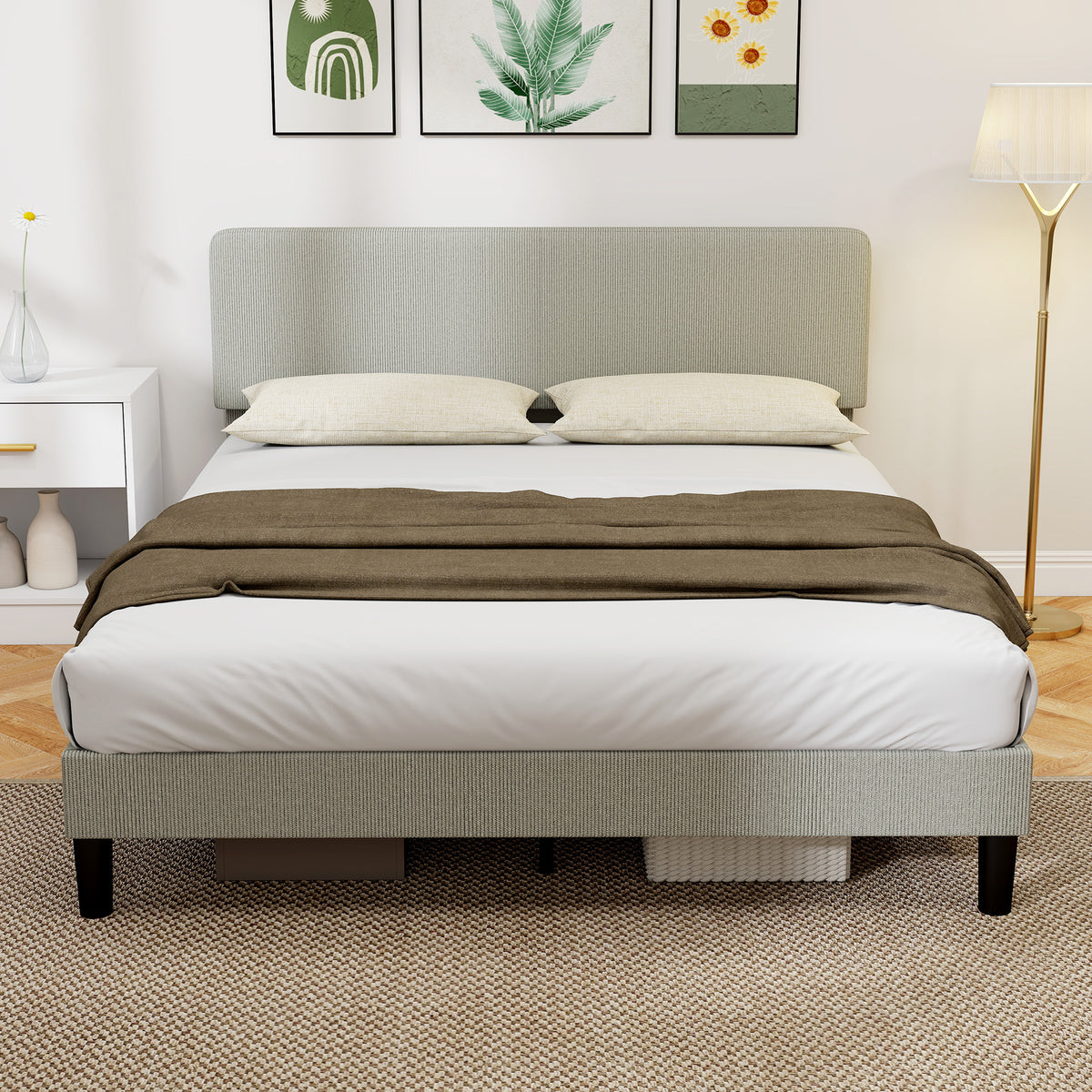 Estructura de cama de 160 x 200 cm, somier de láminas de madera, cabecero ajustable, cama doble tapizada en pana, gris