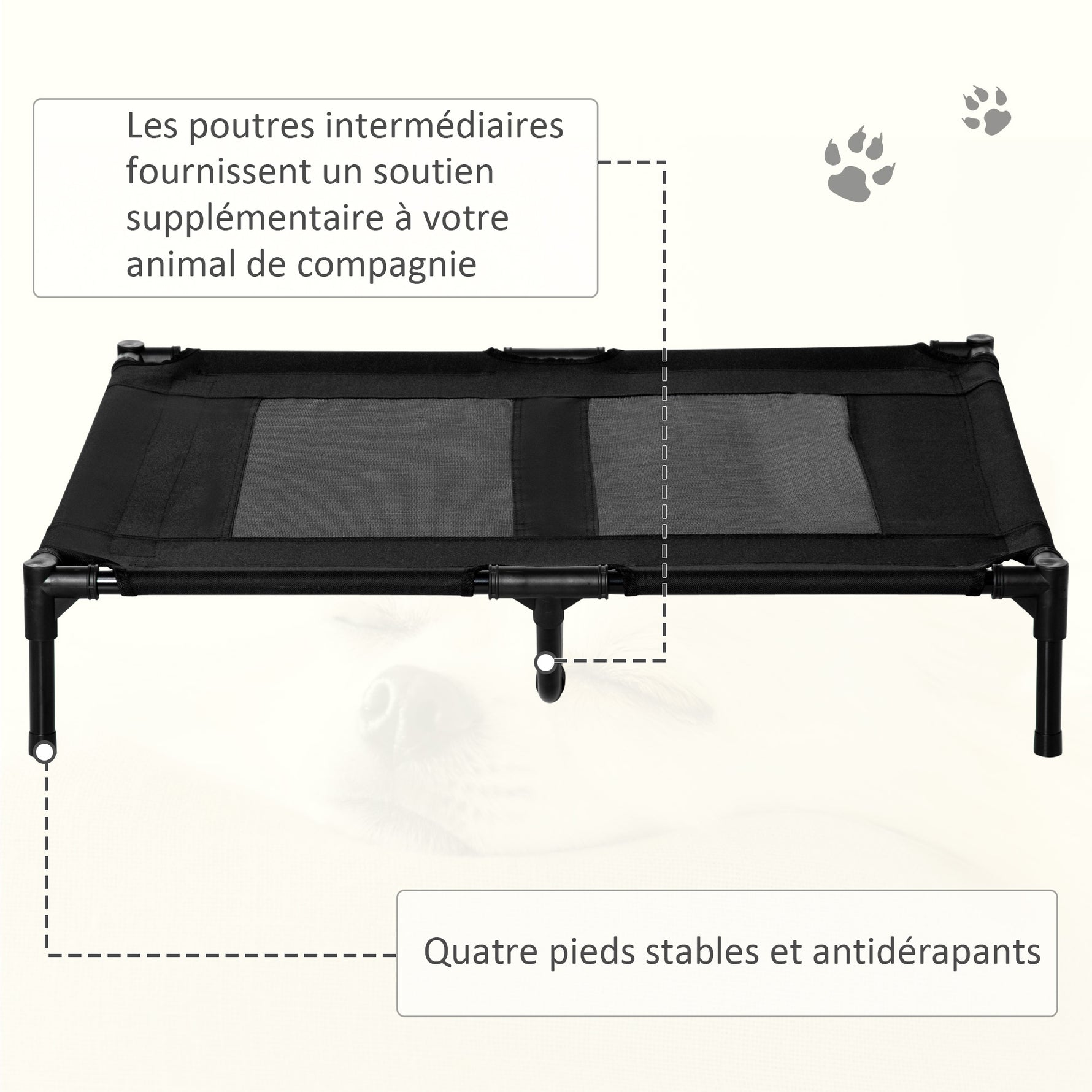 Lit sur pieds lit pour chien chat lit de camp lit surélevé animaux grand confort tissu Oxford textilène micro-perforé métal 92L x 76l x 18H cm noir