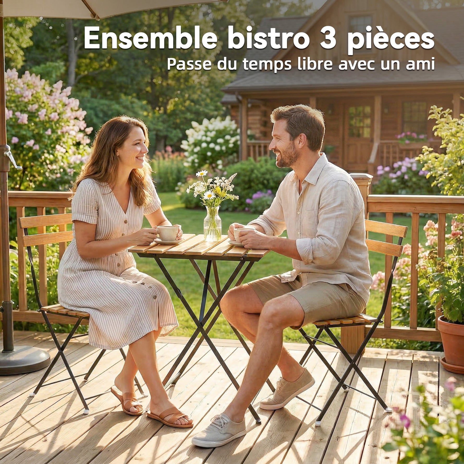 Ensemble de Salon de Jardin Bistrot 3 Pièces, 2 Chaises Pliantes, Table Carrée en Bois d'Acacia, 55x55x71cm, Naturel