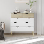 Commode 5 tiroirs Design scandinave Meuble de Rangement Chambre Panneau de Particules 99 x 39 x 101 cm Blanc Aspect chêne Clair