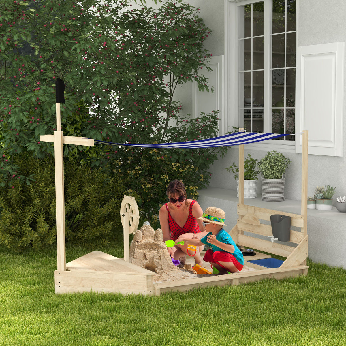 Bac à sable en bois avec jeu de cuisine 6 accessoires coffre rangement gouvernail drapeau 180 x 103 x 144,5 cm naturel