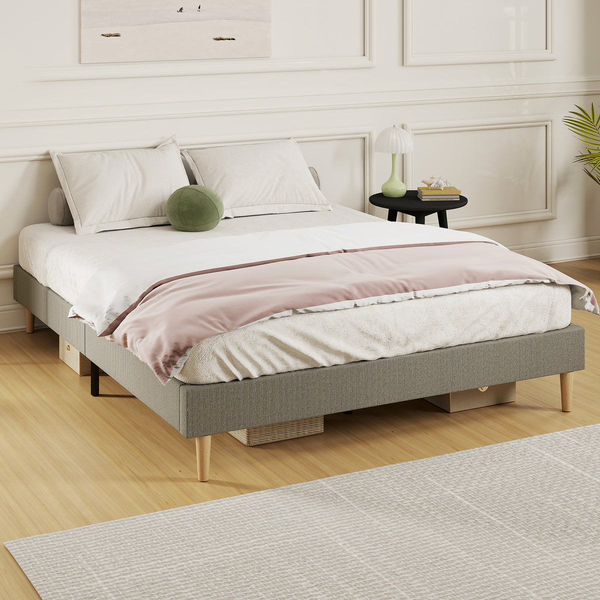 Estructura de cama de 160 x 200 cm con somier de láminas de madera, cama doble tapizada en pana, gris