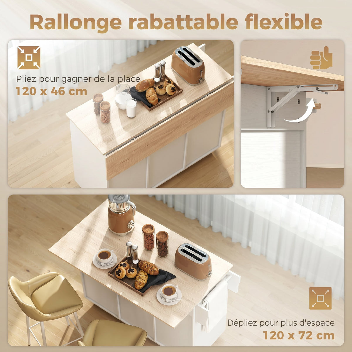 Îlot de cuisine avec plateau rabattable, chariot à roulettes 2 tiroirs, 3 portes, porte-racks et porte-serviettes, blanc