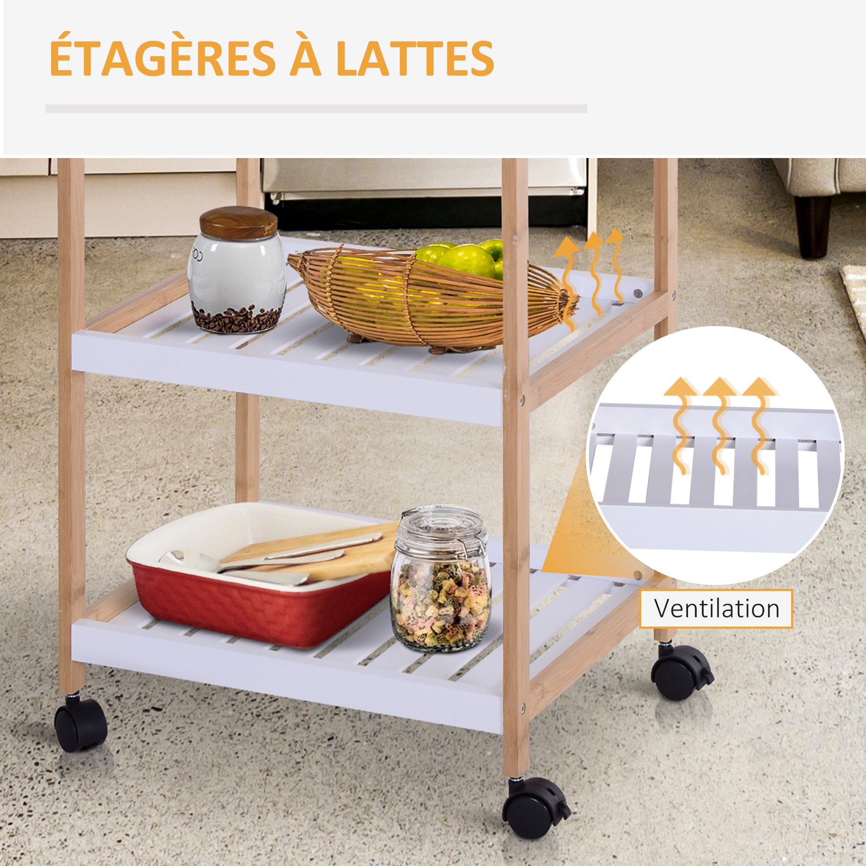 Chariot de service desserte de cuisine à roulettes 2 étagères + plateau amovible bois de pin MDF blanc