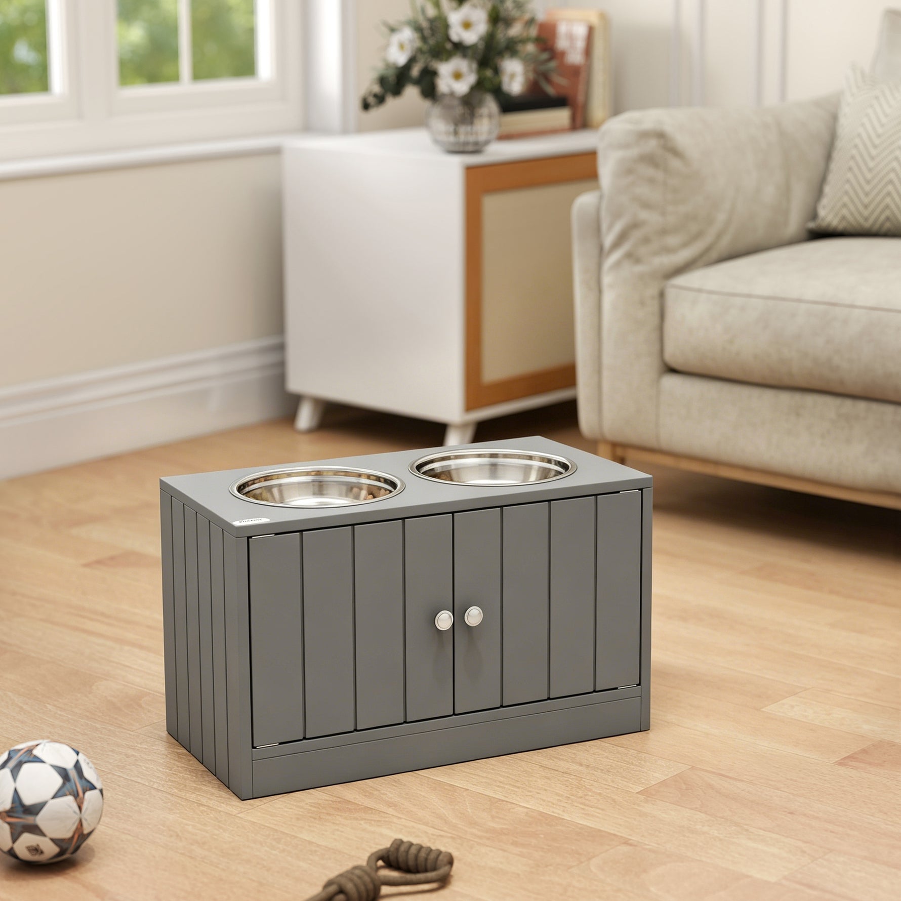 Gamelles Chiens Surélevées Gamelle Double Chien Chat Porte-Gamelles 2L Acier Inox 60 x 30 x 35,5 cm Gris