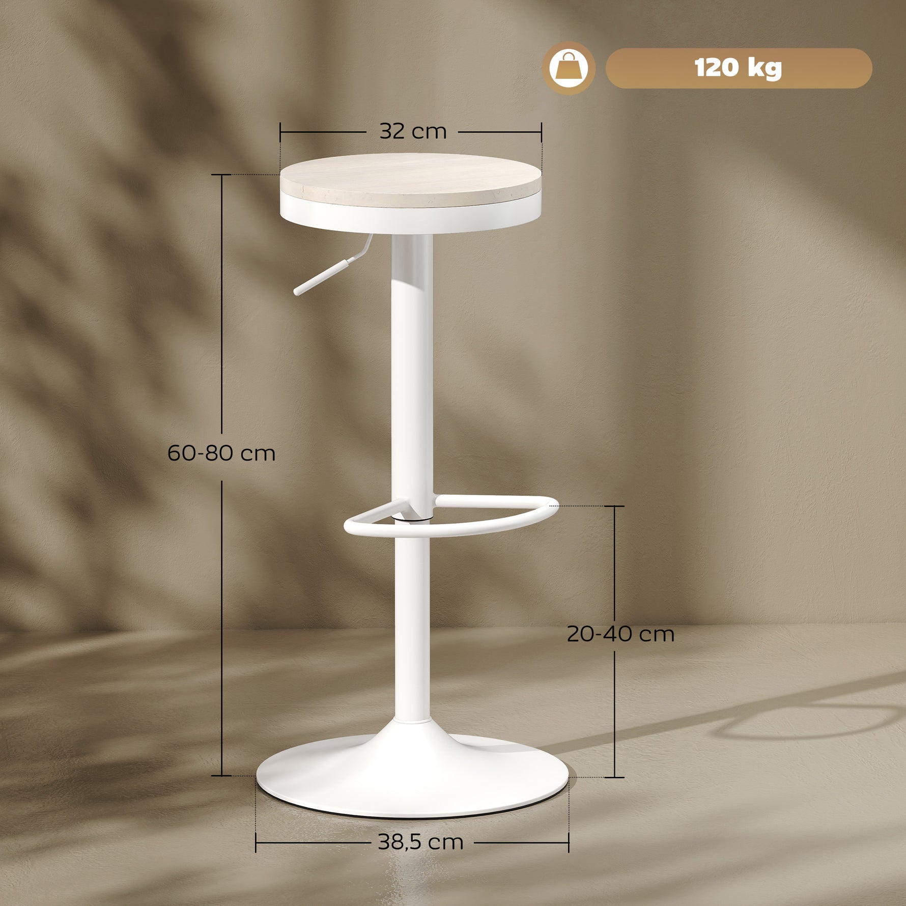 Lot de 2 tabourets de bar, chaises de bar pivotantes avec assise en hévéa, hauteur réglable et repose-pieds, blanc