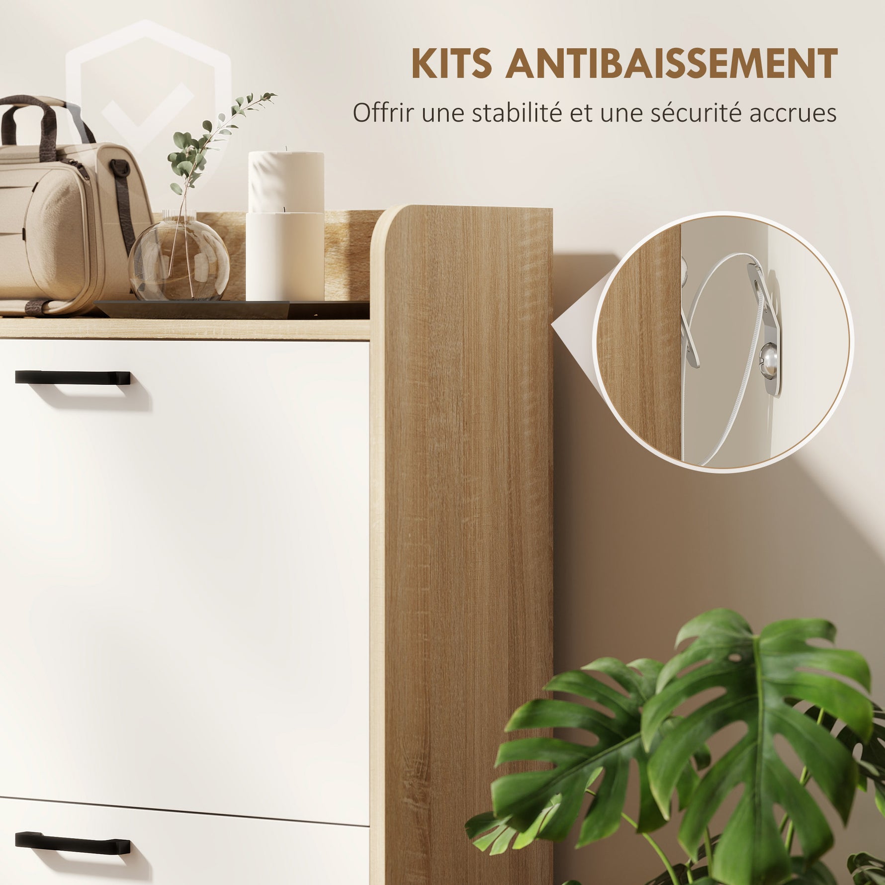 Meuble à chaussures 15 paires, armoire à chaussures moderne avec 2 tiroirs rabattables, 83x24x90,5cm, effet bois naturel