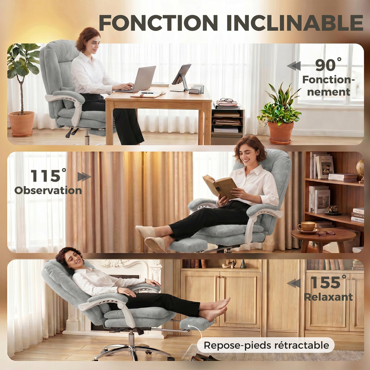 Chaise bureau ergonomique, fauteuil de bureau inclinable en velours avec support lombaire, hauteur réglable, gris clair
