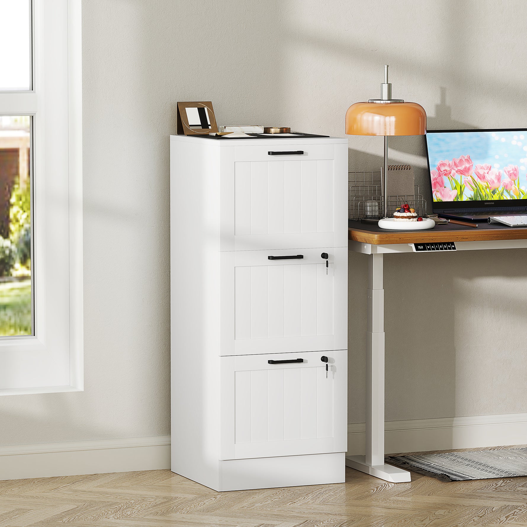 Caisson bureau, meuble rangement bois 3 tiroirs et serrure, barres de suspension réglables, 40 x 40 x 101 cm, blanc
