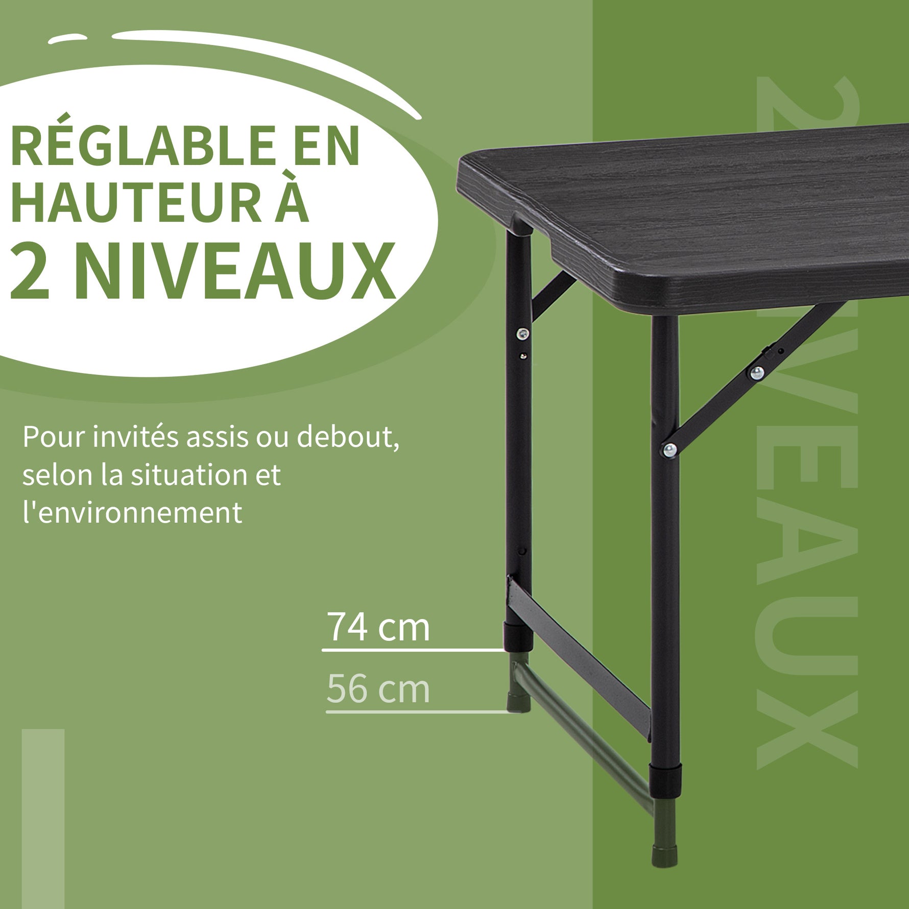 Table de jardin rectangulaire pliable camping pour 4 personnes hauteur réglable 118 x 60 x 74 cm