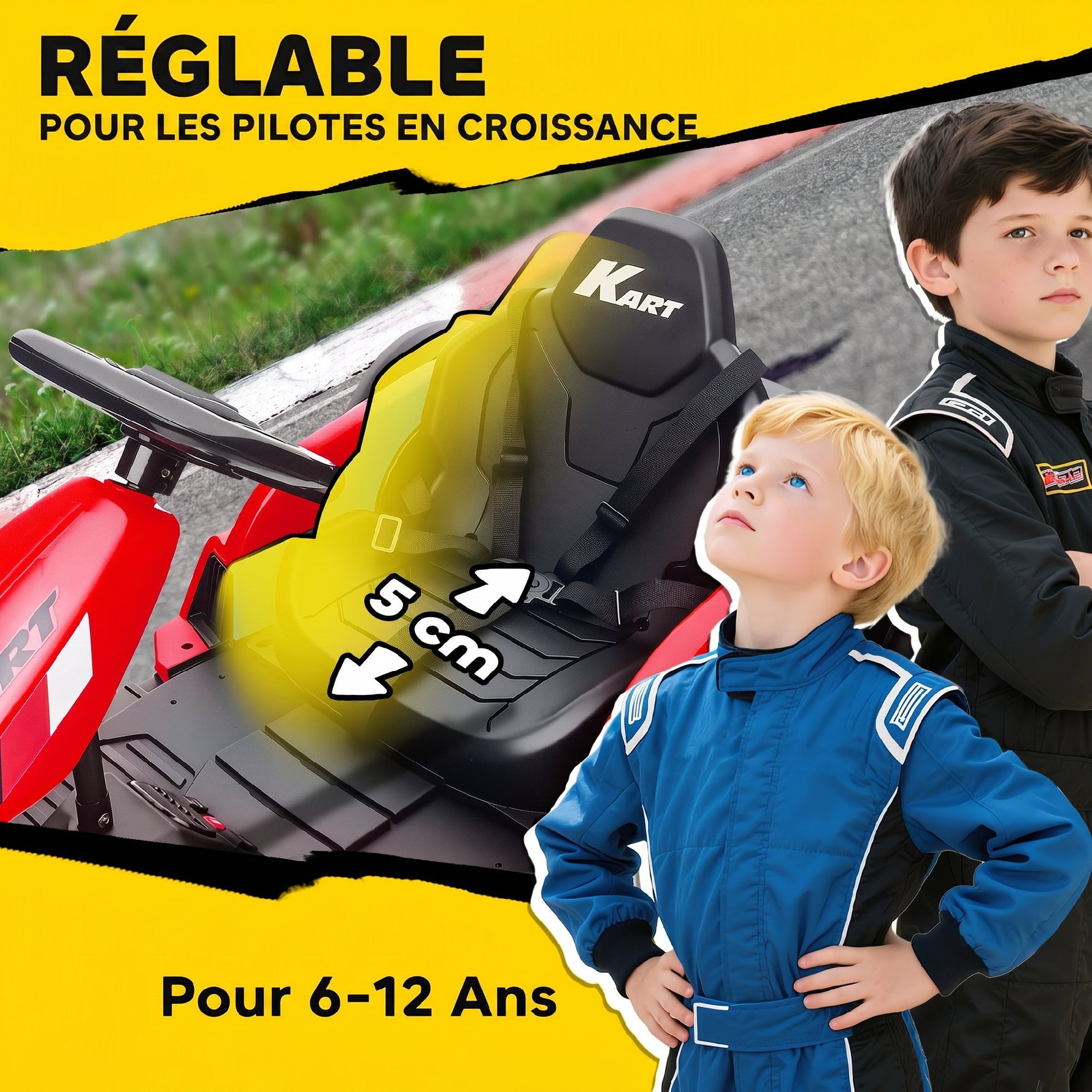 Kart Électrique pour Enfants 24 V, Go Kart, Moteur 2 x 150W, Mode Drift, Siège Réglable, Démarrage Progressif, Rouge