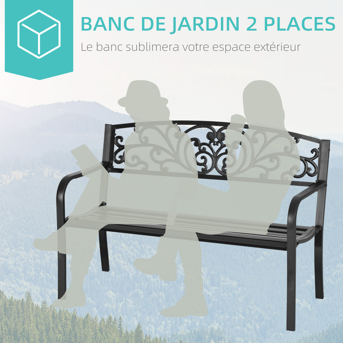 Banc de Jardin terrasse en Acier Fonte Noir 2 Places 127 x 60 x 87 cm Charge Max 240 Kg