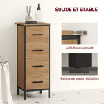 Meuble de salle de bain étroit avec 4 tiroirs et structure en acier, 30 x 30 x 82 cm, chêne