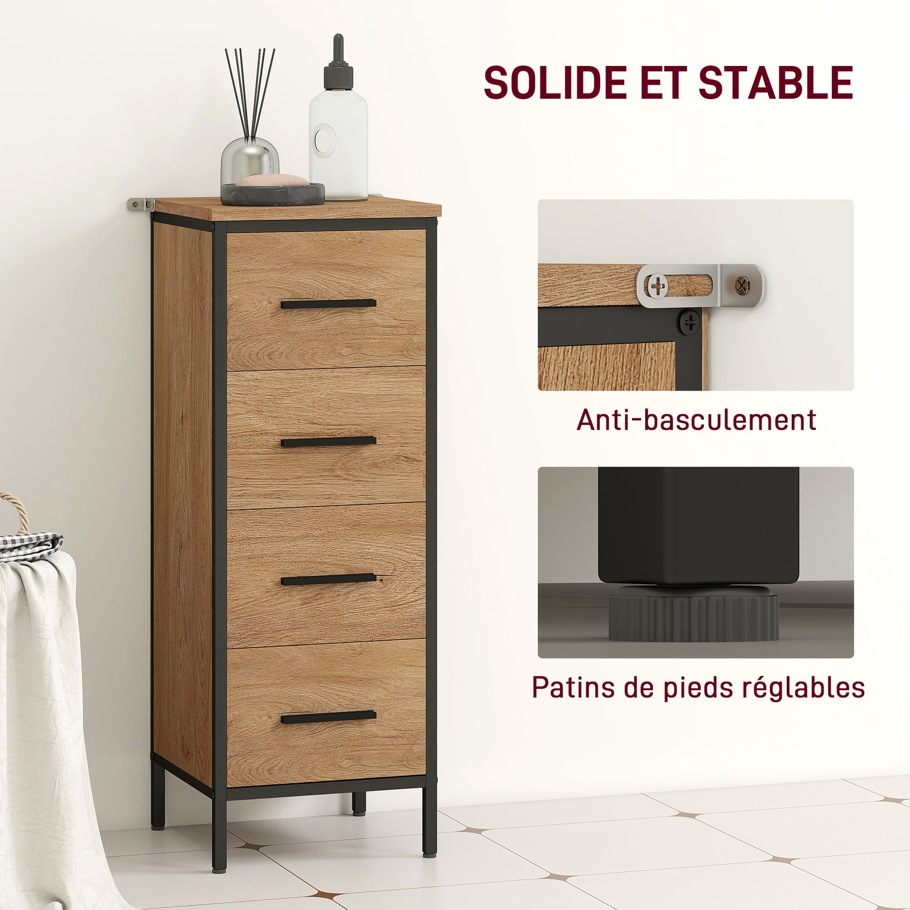 Meuble de salle de bain étroit avec 4 tiroirs et structure en acier, 30 x 30 x 82 cm, chêne