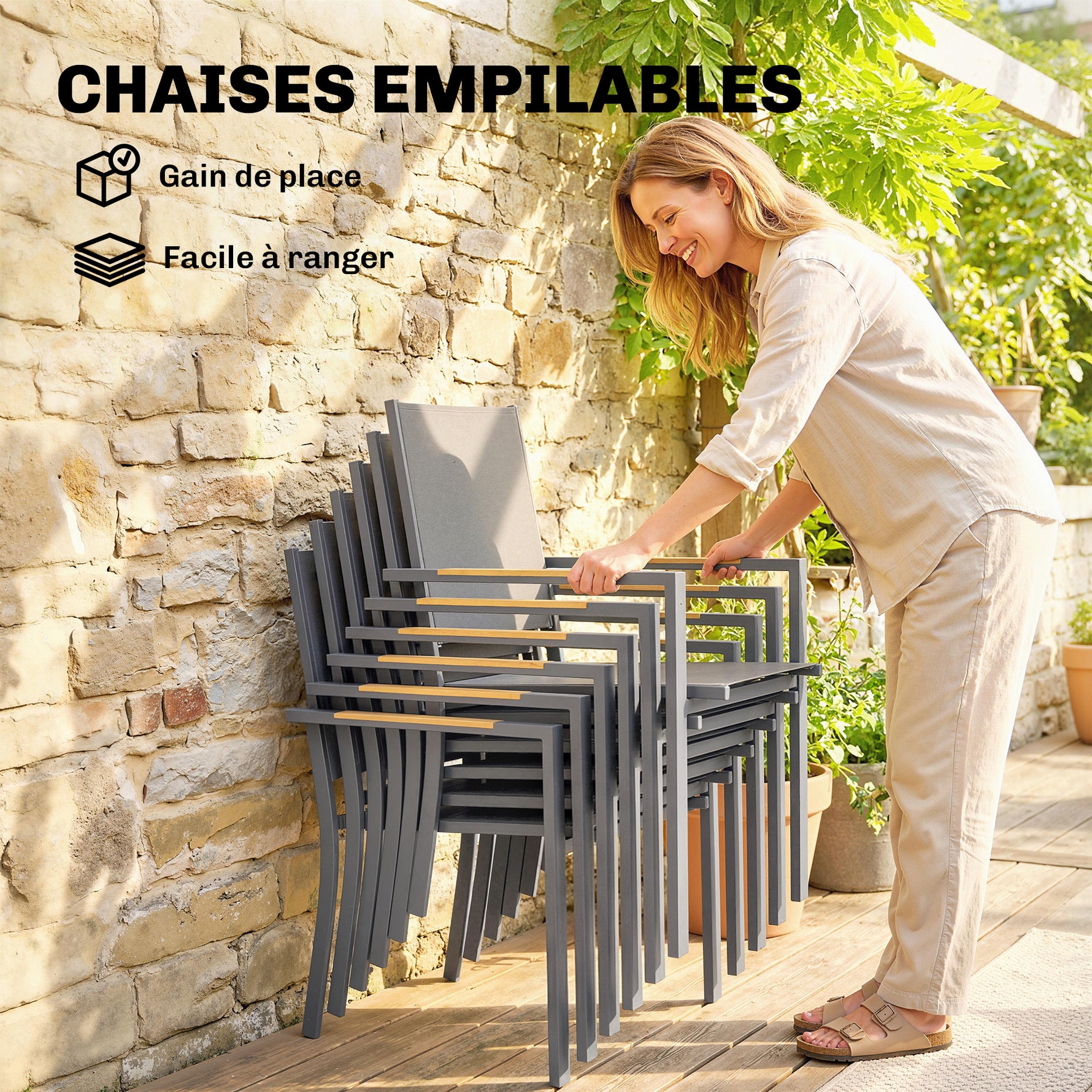 Salon de Jardin Ensemble Mobilier de Jardin 7 Pièces Table Effet Bois 6 Chaises Empilables en Textilène 140x80x72cm Gris