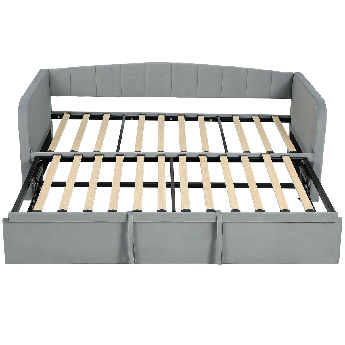 Ausziehbares Bett 90/180x190 cm, 3-Sitzer Schlafsofa, Lattenrost aus Holz, gepolstertes Kopfteil aus Samt, Grau
