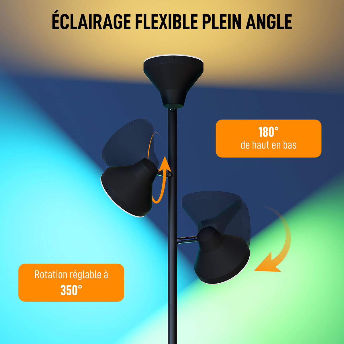 Lampadaire LED lampadaires sur pied salon dimmable 2700K-6000K 4150 lm 3 têtes rotatives Ø 25 x 170 cm noir