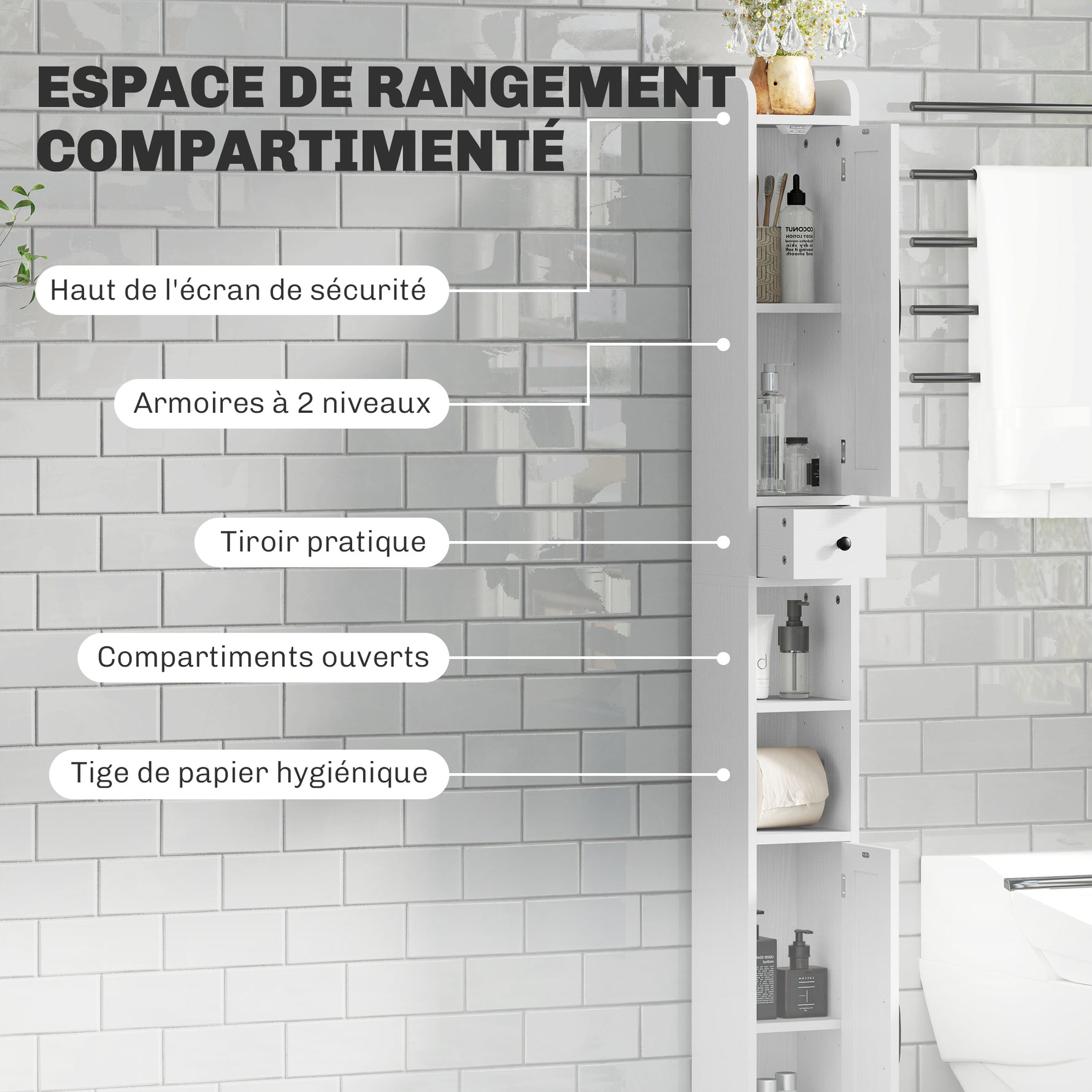 Armoire salle de bain haute, meuble de rangement colonne, 2 portes, tiroir, étagères réglables, 20x20x185cm, blanc
