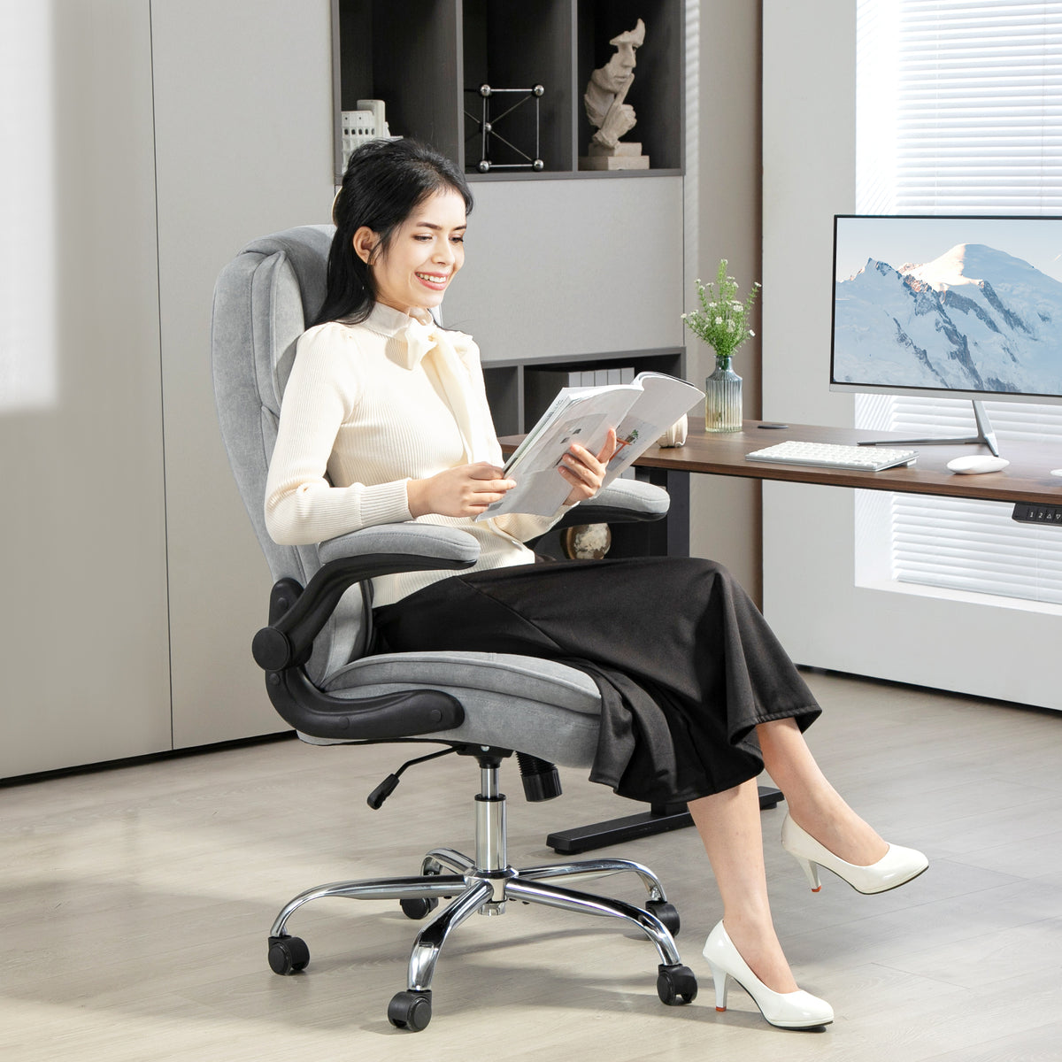 Fauteuil de bureau, chaise bureau ergonomique, hauteur réglable, accoudoirs relevables, 70 x 70 x 114-122 cm, gris