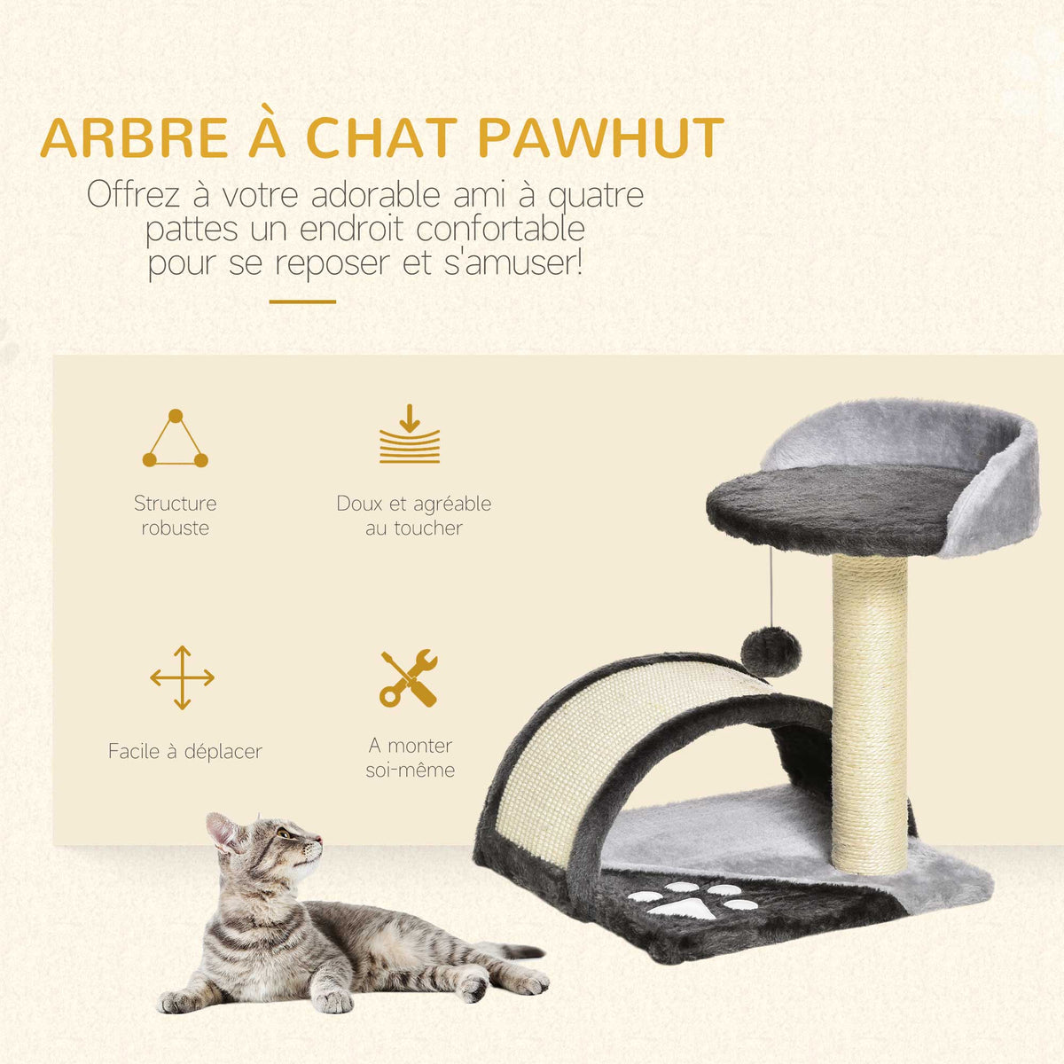 Arbre à chat griffoir grattoir design jeu boule suspendue + plateforme peluche sisal naturel gris foncé