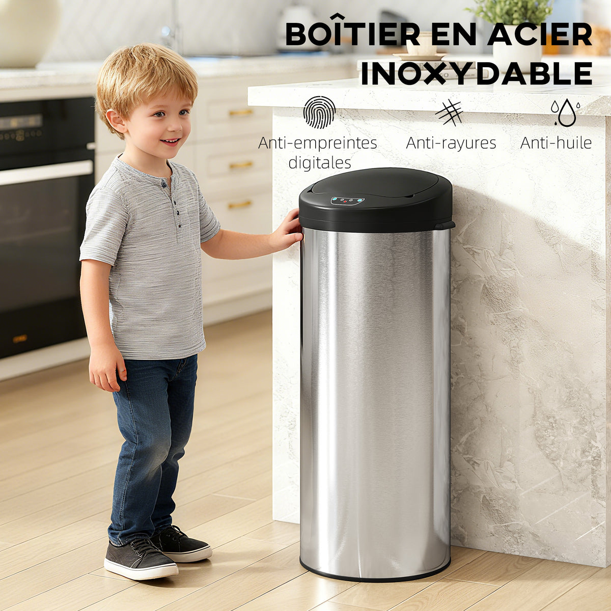 Poubelle de cuisine automatique 55 L en acier inoxydable, couvercle à fermeture en douceur, 32 x 30 x 78,5 cm, argent
