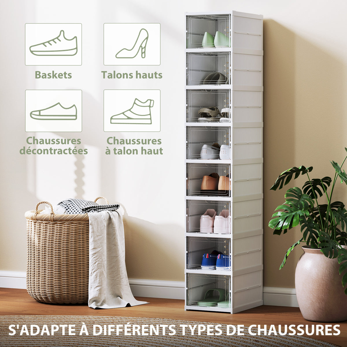 Lot de 8 boîtes à chaussures pliables en plastique empilables avec couvercles, pour pointure jusqu'à 43, blanc