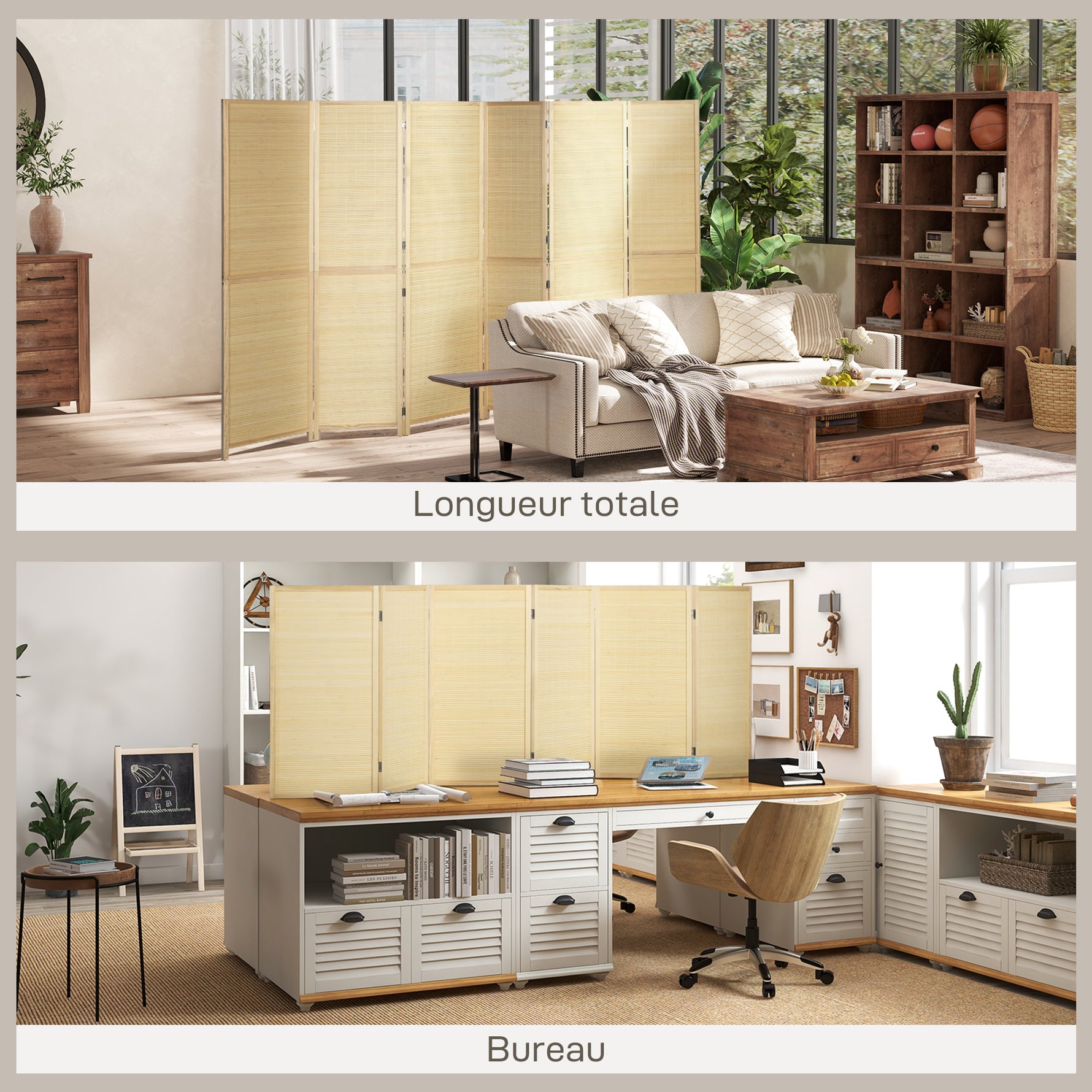 Paravent en bois de bambou 6 panneaux 270 x 180 cm séparateur de pièce cloison de séparation pliable - naturel