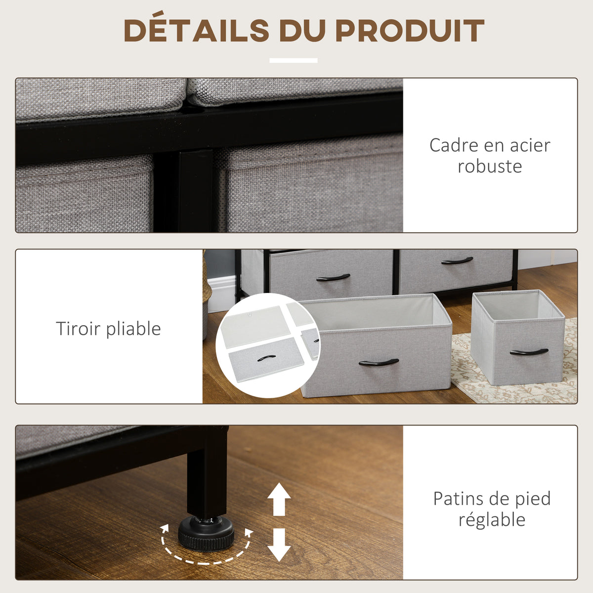 Commode 8 tiroirs meuble de rangement tiroir en tissu pliant - structure acier noir - 100 x 30 x 78 cm