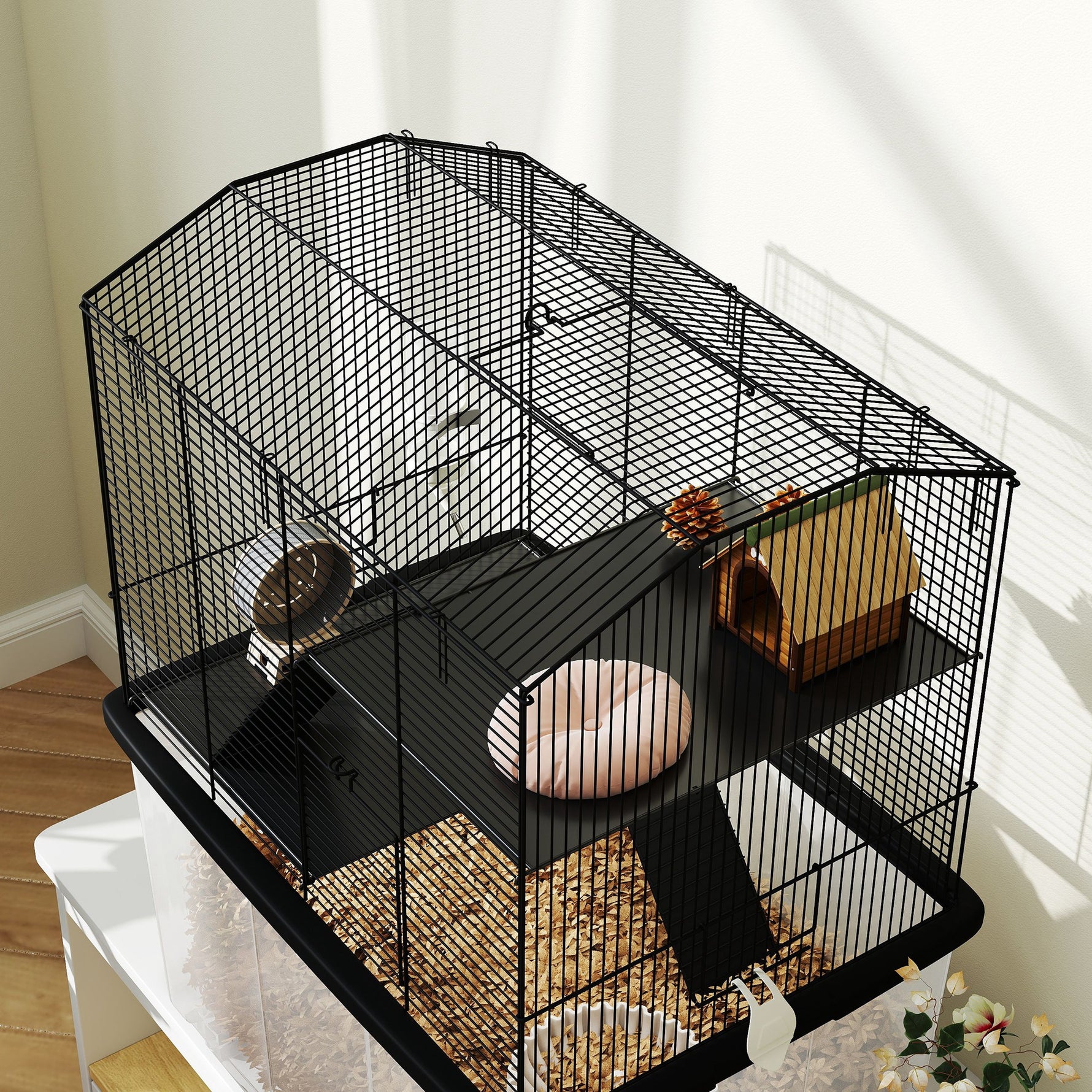 Cage hamster cage rongeur 3 étages avec roulettes plate-forme et échelle en fil d'acier 57 x 43 x 74 cm noir