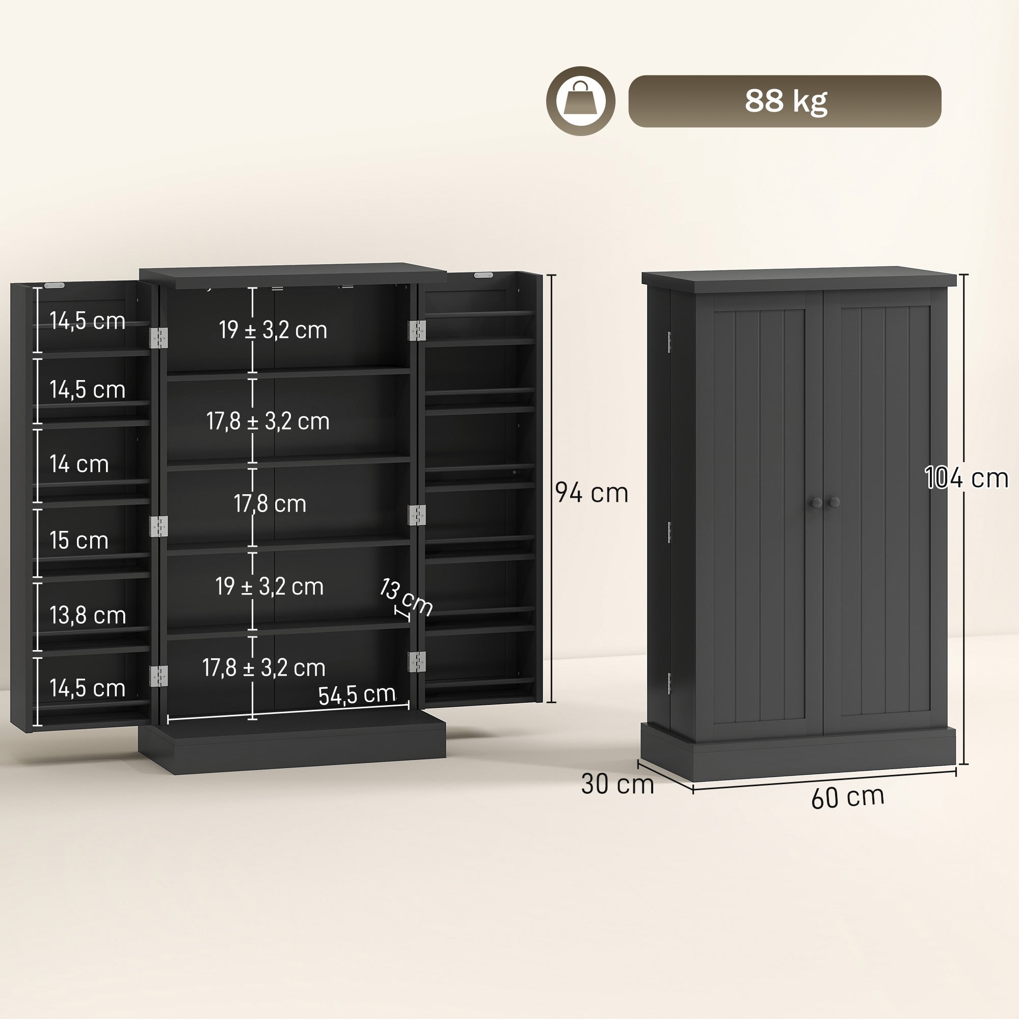 Kitchen Cabinet, Kitchen Buffet, with 2 Doors, 12 Door Racks, 5 Compartments and Adjustable Shelves, Black