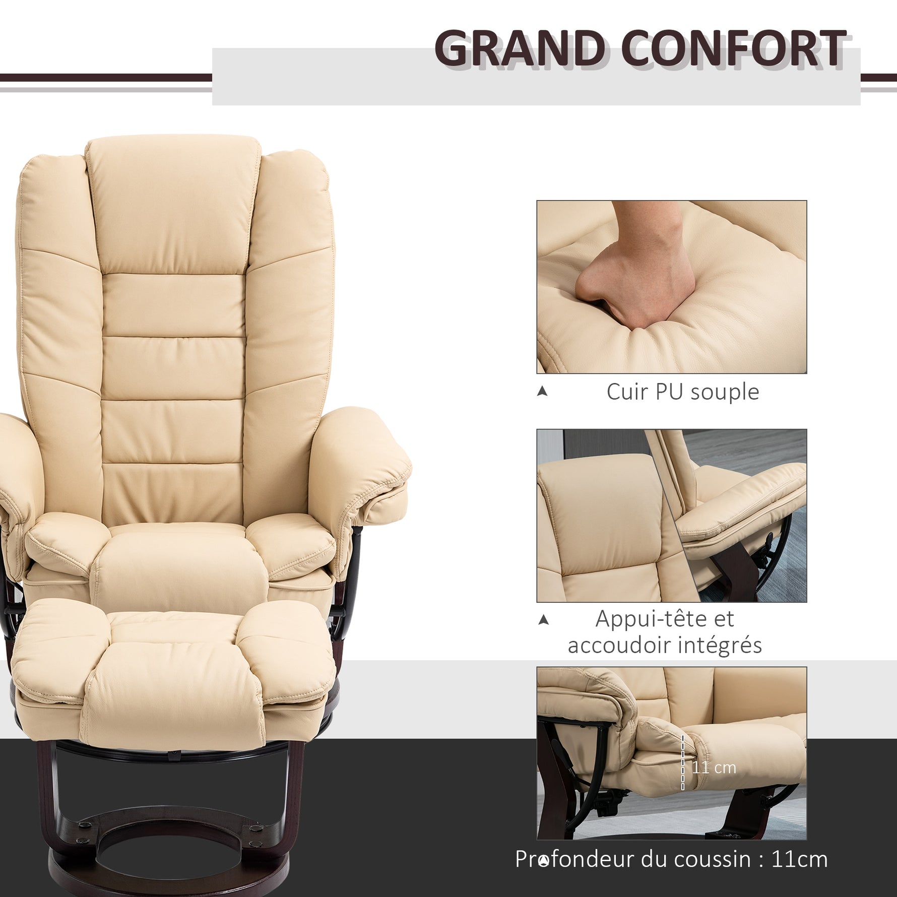Fauteuil relax inclinable 135° grand confort pivotant 360° avec repose-pieds revêtement PU beige