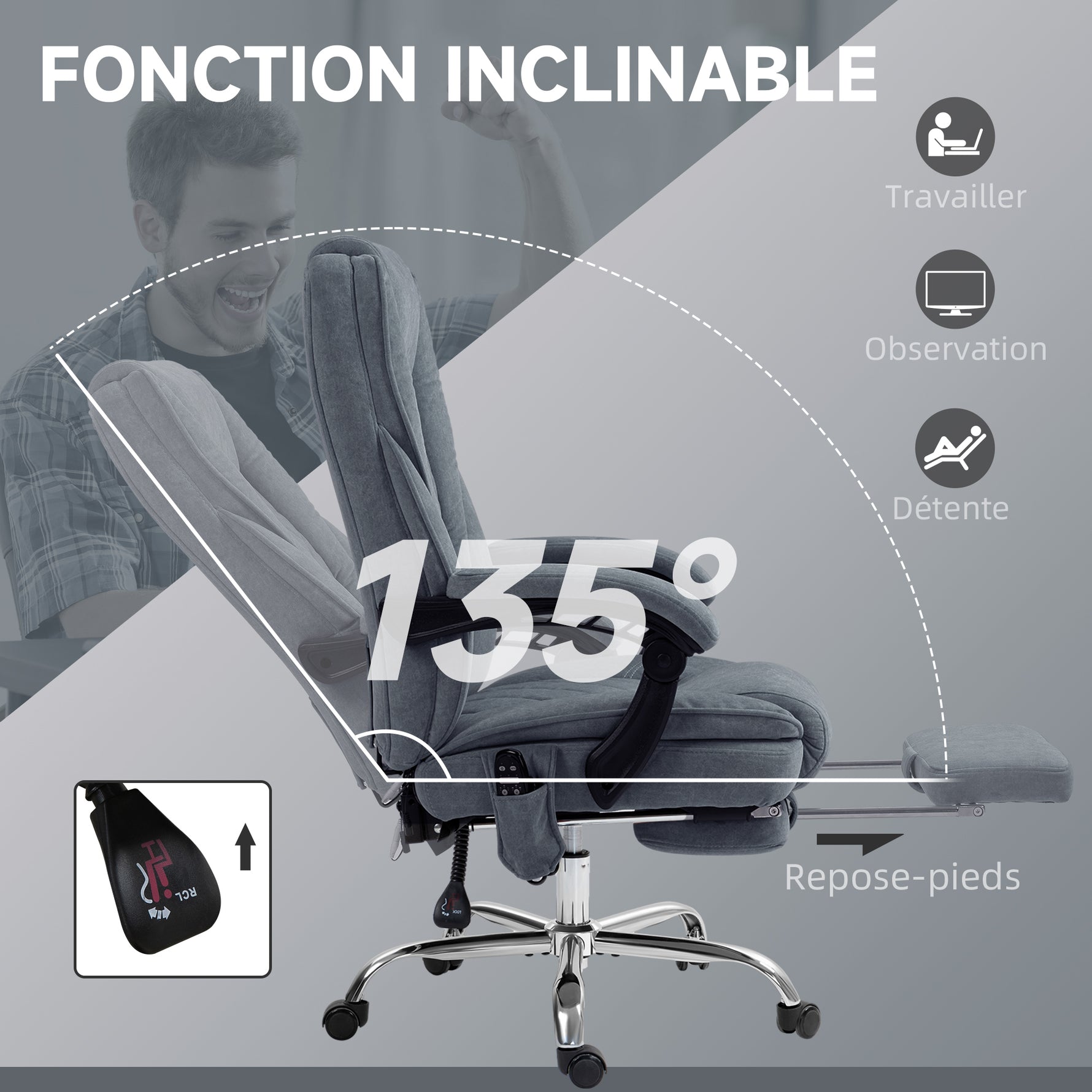 Fauteuil de bureau massant et chauffant hauteur réglable dossier inclinable télécommande repose-pieds rétractable gris