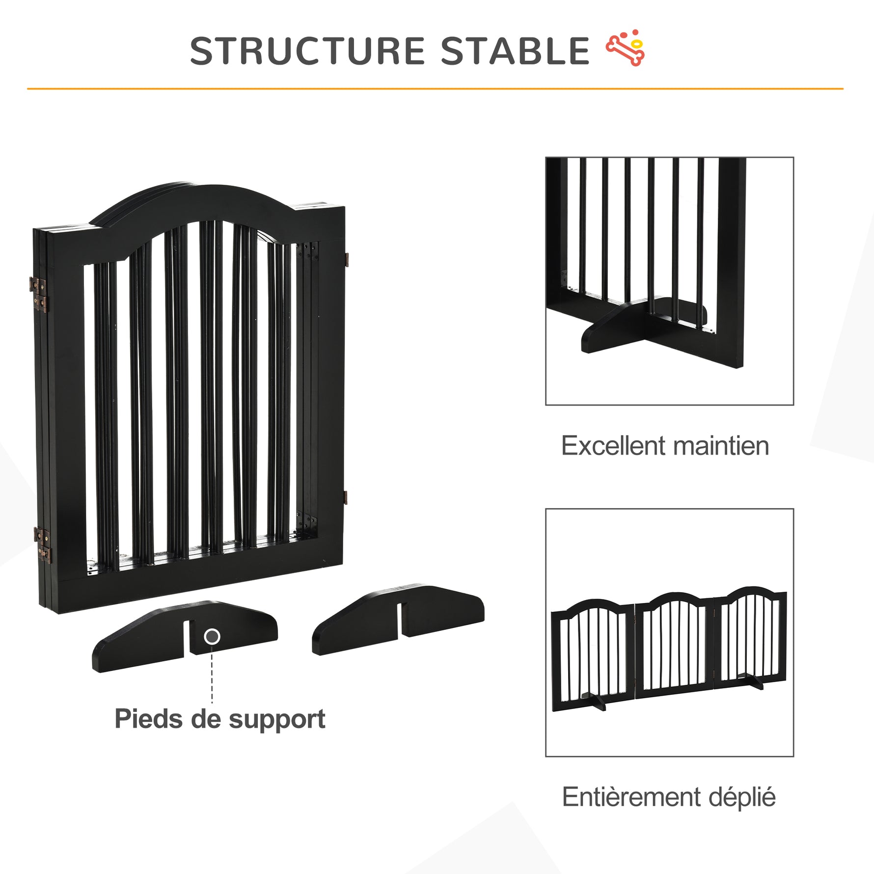 Barrière de sécurité chien barrière modulable pliable pour animaux de compagnie avec pied de support MDF bois massif 154,5 x 61 cm noir