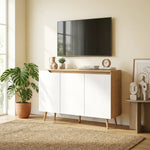 Credenza da soggiorno, mobile contenitore, 3 ante, ripiani regolabili e gambe in legno di gomma, 107x35x76,5 cm, bianco e rovere