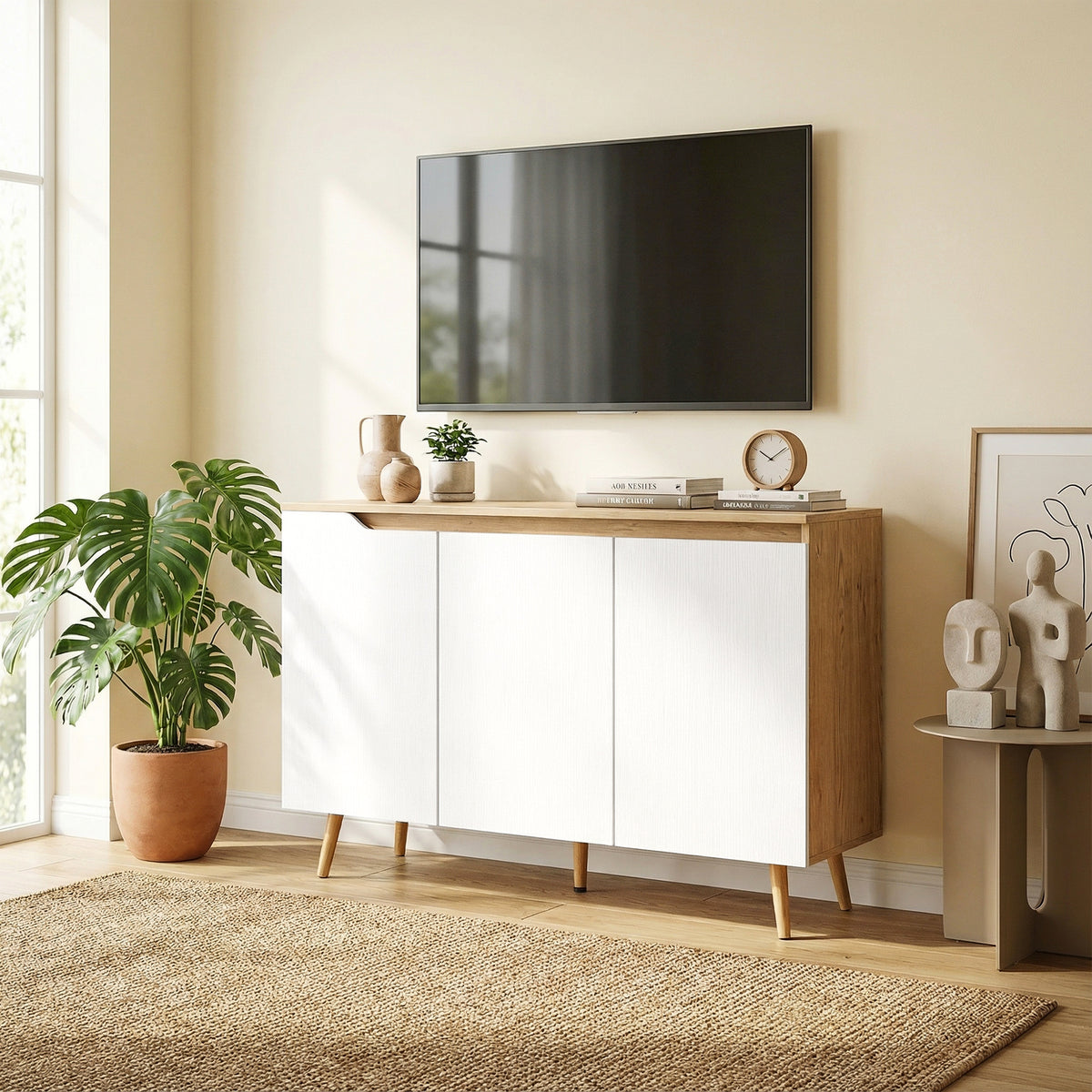 Credenza da soggiorno, mobile contenitore, 3 ante, ripiani regolabili e gambe in legno di gomma, 107x35x76,5 cm, bianco e rovere