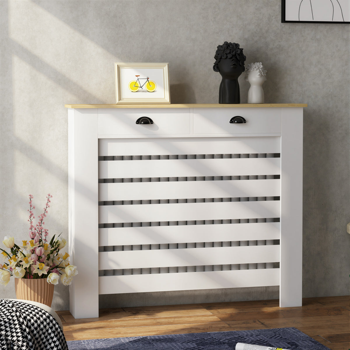 Couvercle de radiateur cache radiateur grille à lattes horizontales avec 2 tiroirs en bois 111l x 19P x 95,5H cm blanc