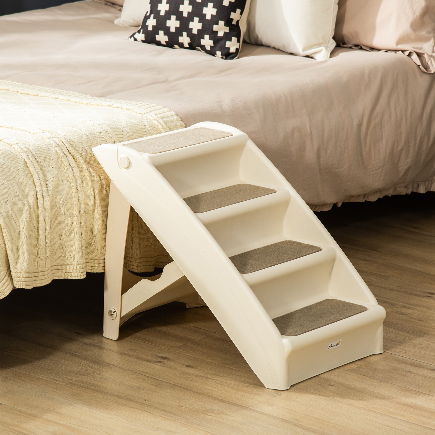 Escalier pour Chien Pliant à 4 Marches Antidérapantes, Escalier pour Animaux en Plastique, 62 x 38 x 49,5 cm, Beige