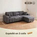 Canapé d'Angle Modulable 242 cm, Canapé 4 Places en L avec Méridienne Réversible, 2 Oreillers, Tissu Aspect Lin, Gris