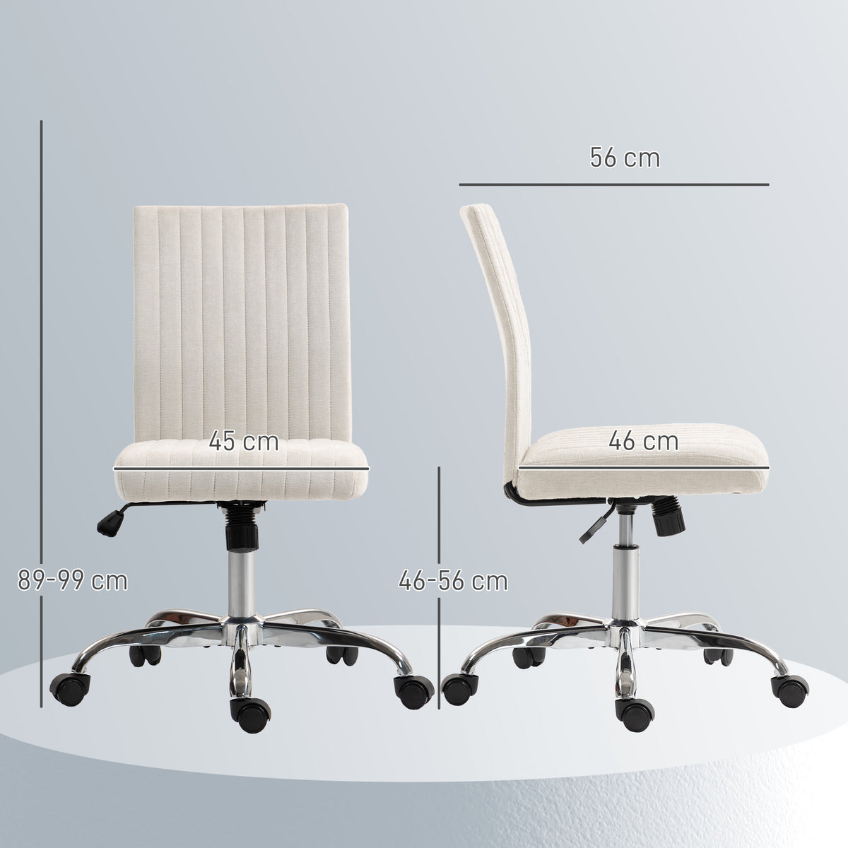 Chaise de bureau sans accoudoirs, fauteuil de bureau, hauteur réglable et pivotant 360°, 43 x 56 x 89-99 cm, crème