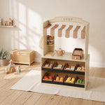 Holz-Rollenspielset für Kinder, Kasse, Spiellebensmittel, Kreidetafel und 61 Zubehörteile, für 3 bis 8 Jahre