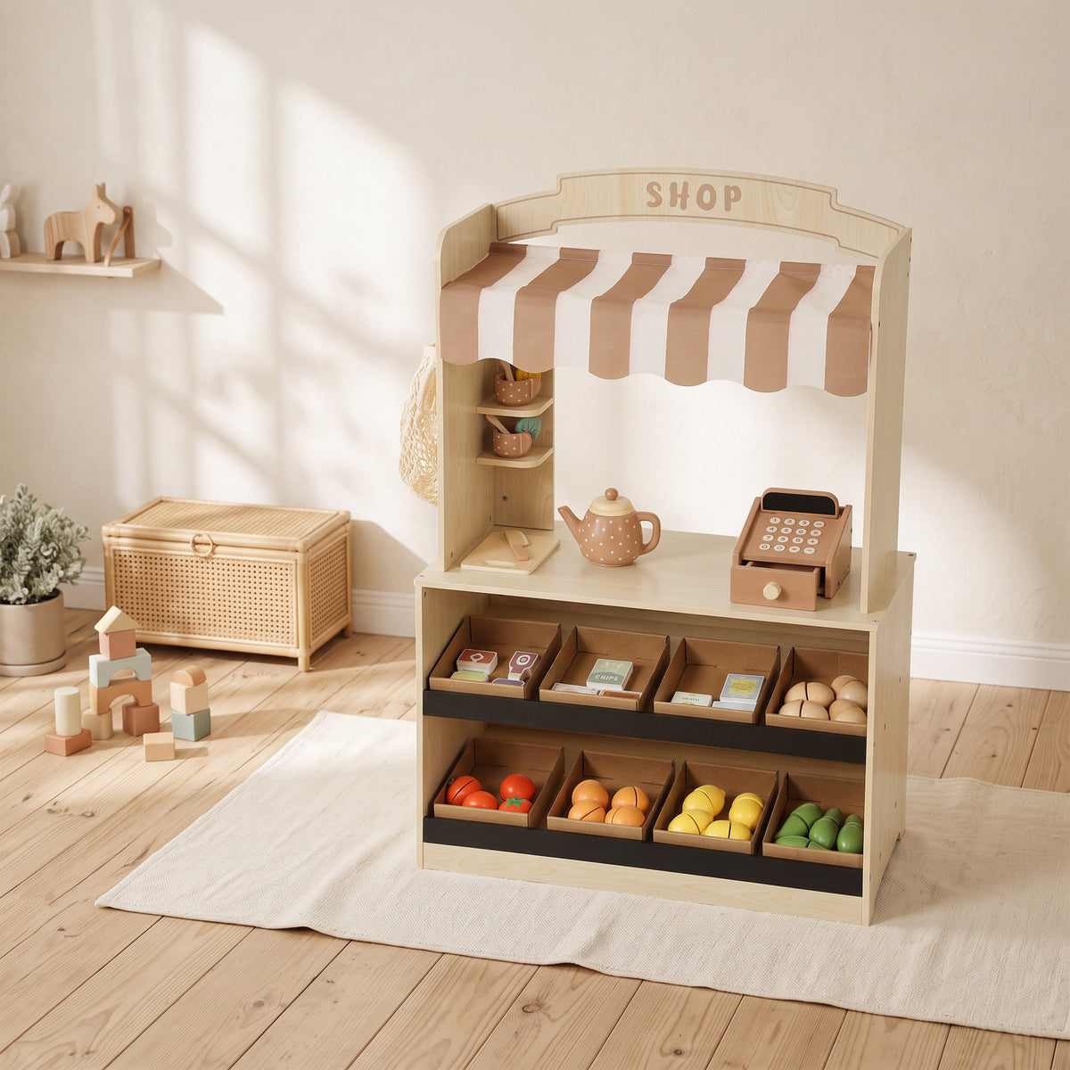 Holz-Rollenspielset für Kinder, Kasse, Spiellebensmittel, Kreidetafel und 61 Zubehörteile, für 3 bis 8 Jahre
