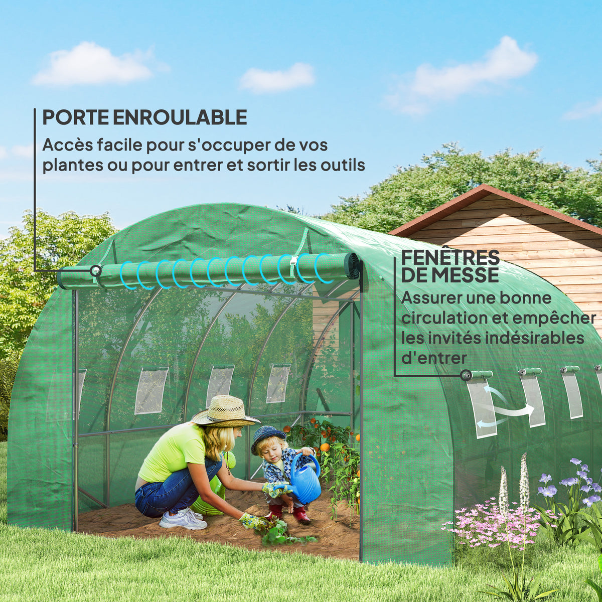 Serre tunnel de jardin 3 x 4 x 2 m avec porte enroulable et grandes fenêtres, en acier galvanisé et PE, vert