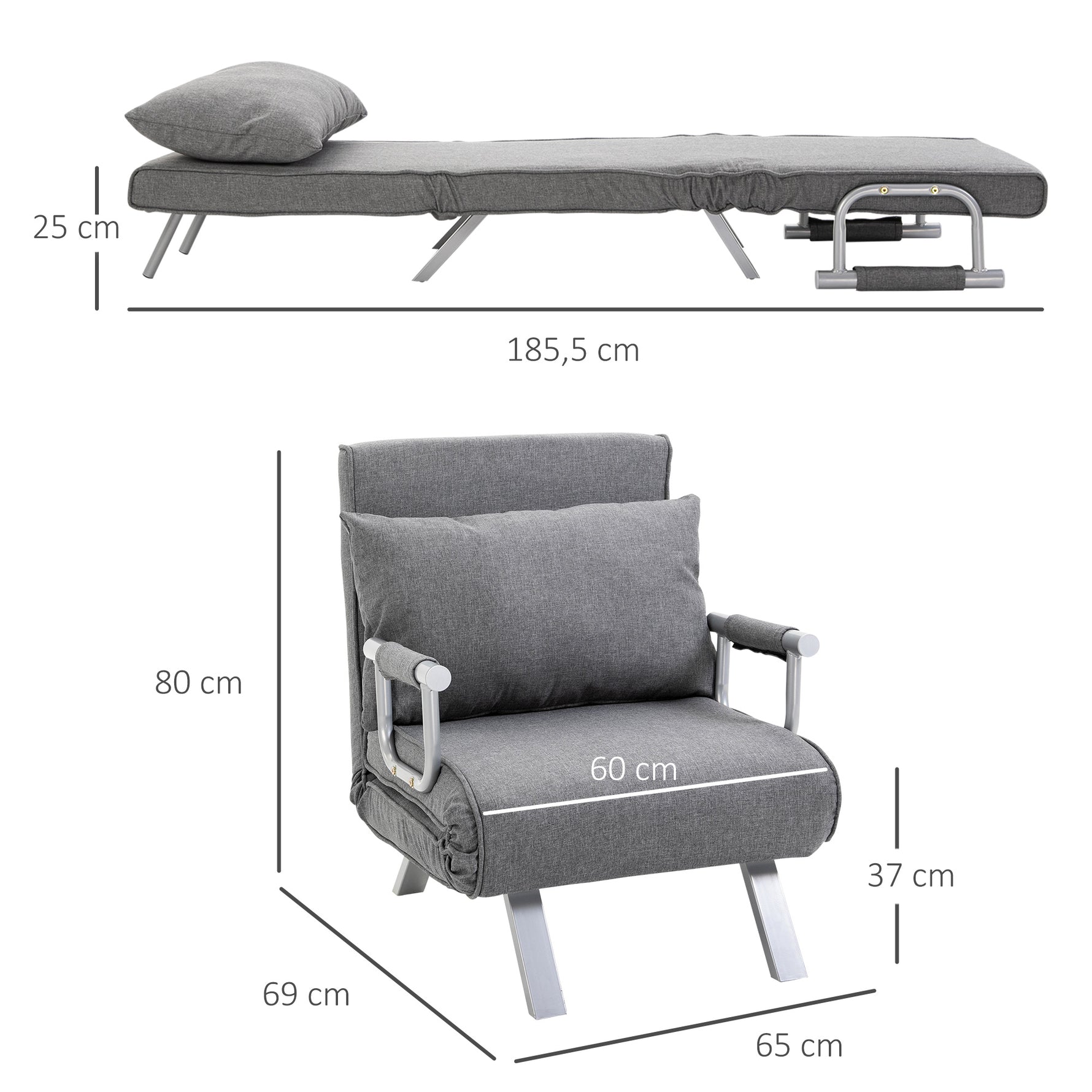 Fauteuil chauffeuse canapé-lit Convertible 1 Place déhoussable Grand Confort Coussin Pieds accoudoirs métal Lin Gris Clair