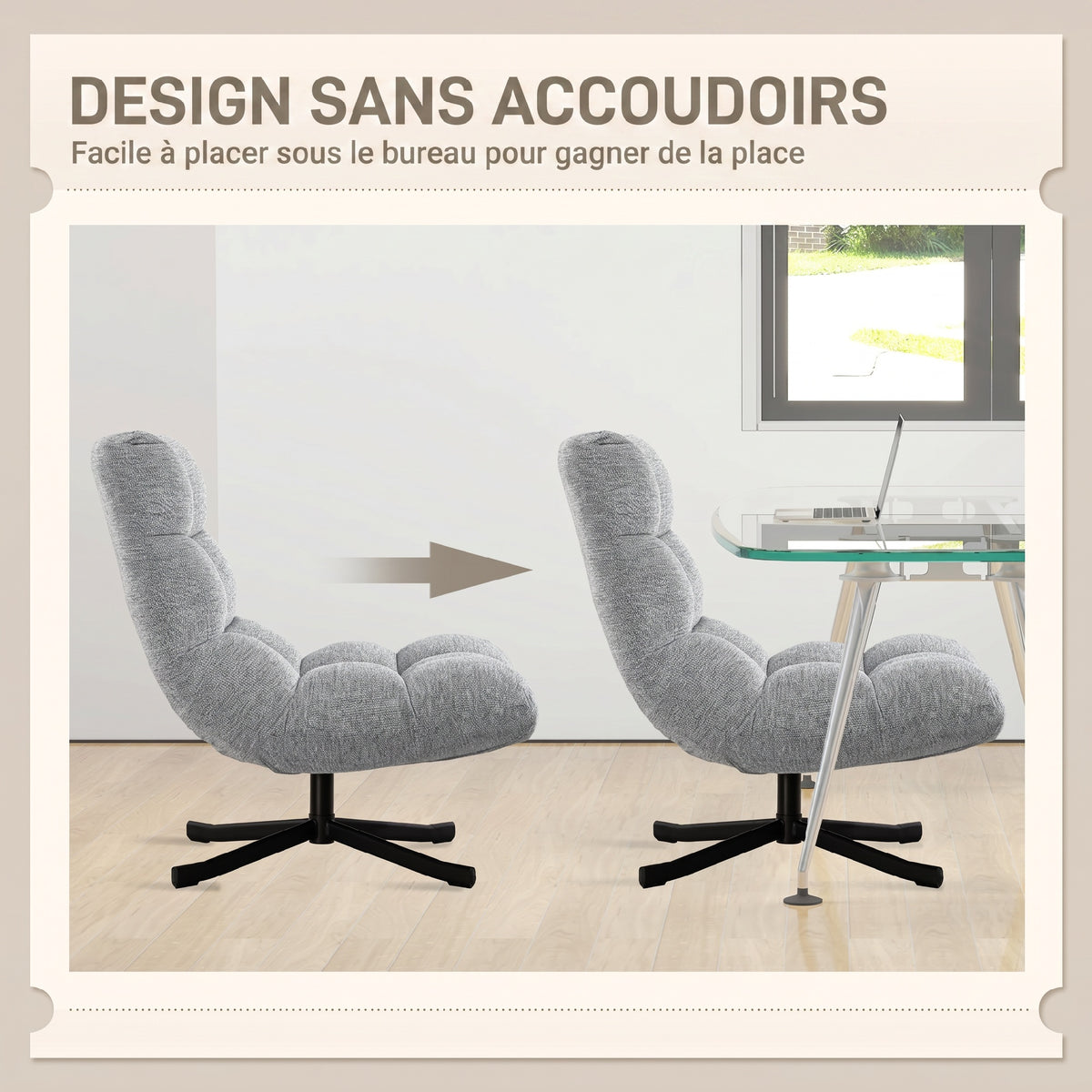 Fauteuil salon sans accoudoirs, chaise pivotante en tissu chenille, assise large, 75 x 95 x 90 cm, gris