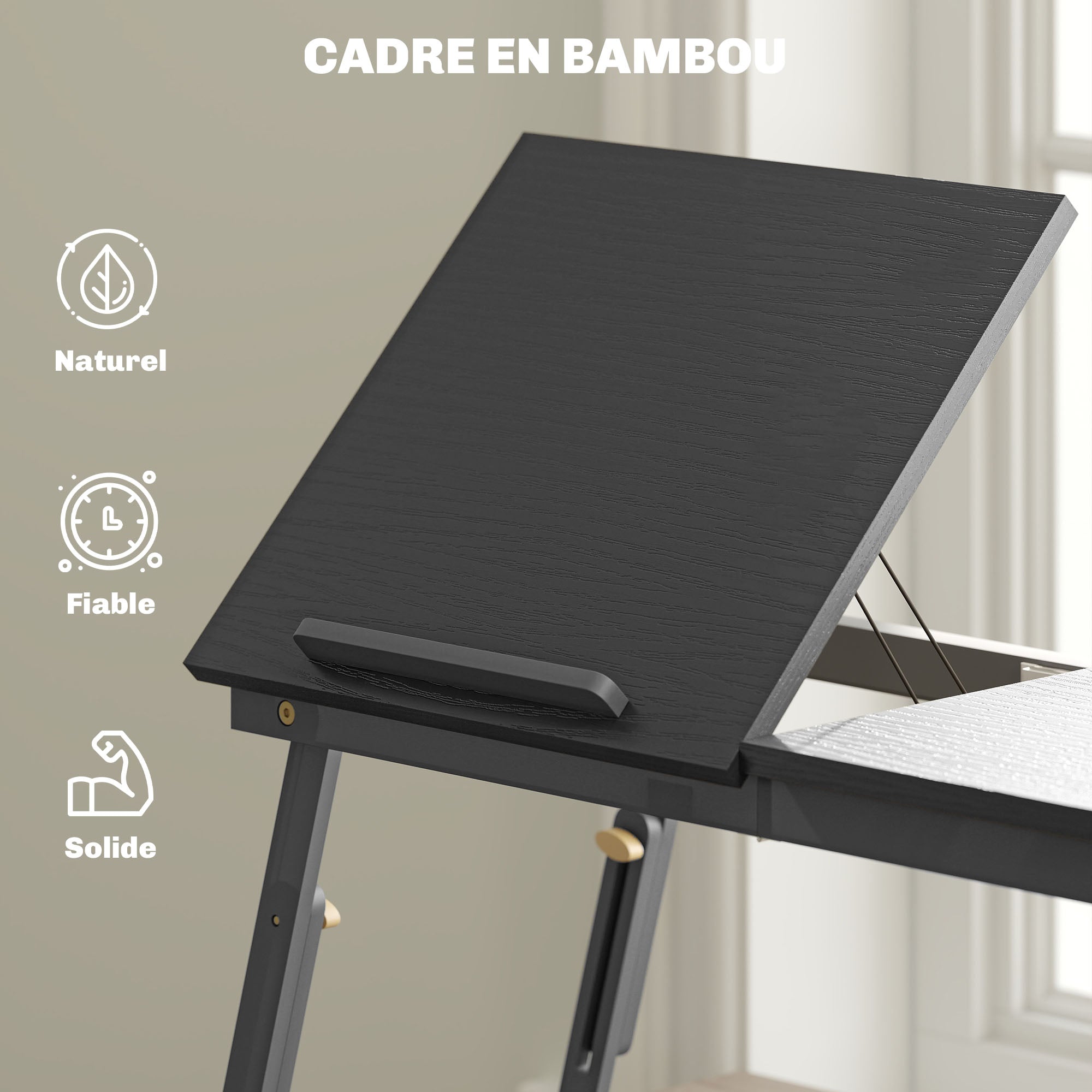 Table de lit pliable et réglable, plateau de lit pour ordinateur portable en bambou plateau inclinable 83,5x33x34cm noir