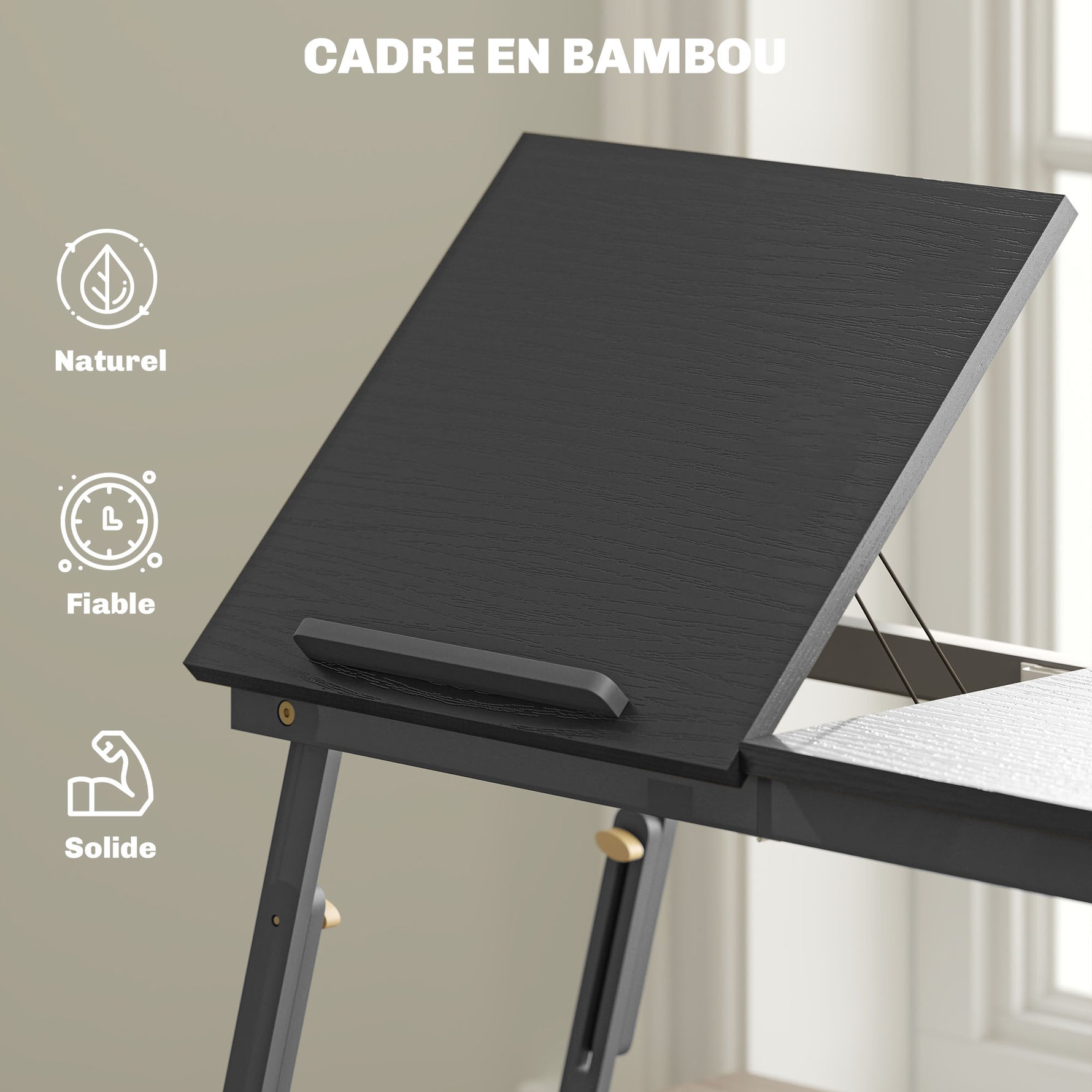Table de lit pliable et réglable, plateau de lit pour ordinateur portable en bambou plateau inclinable 83,5x33x34cm noir