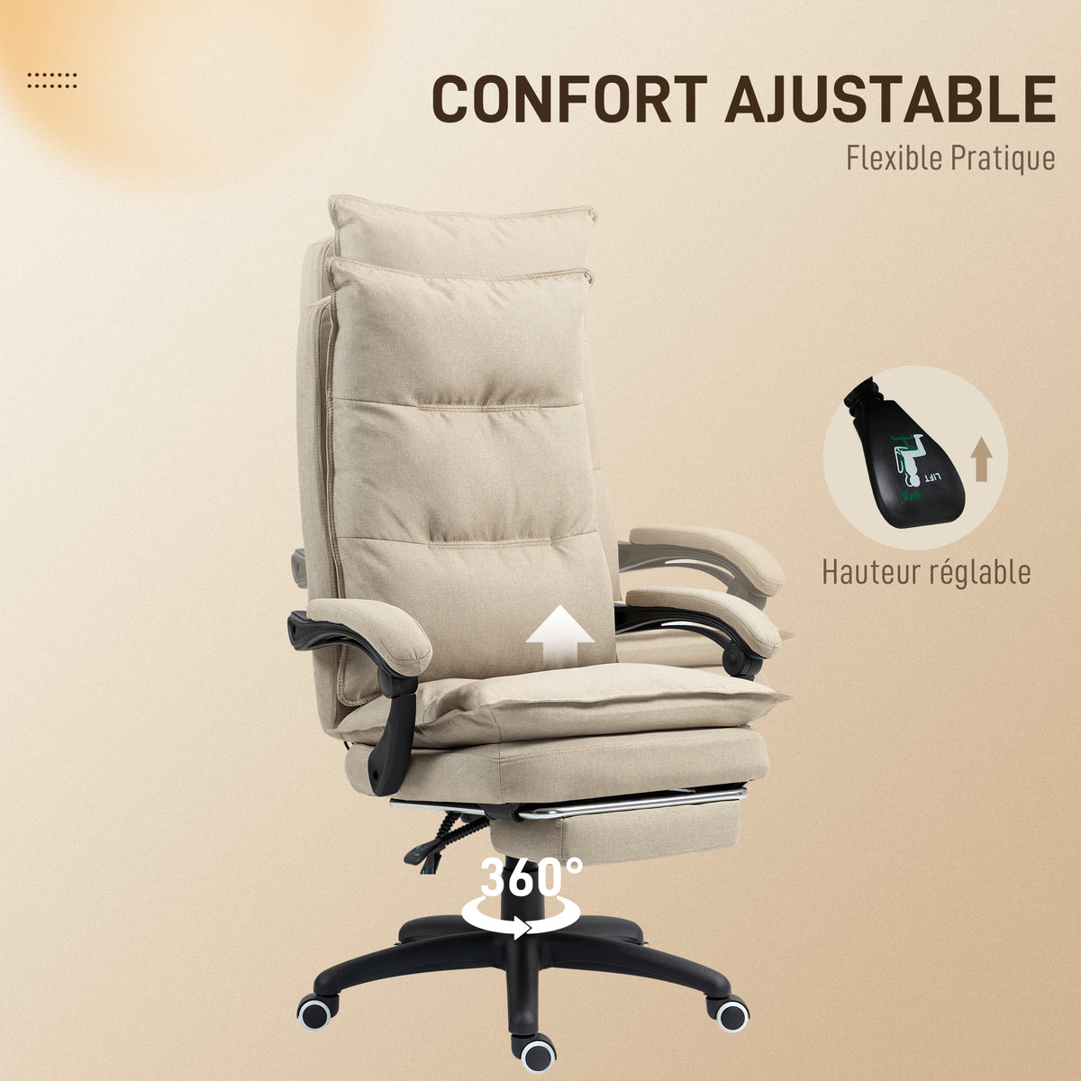 Fauteuil de bureau massant avec hauteur réglable, dossier inclinable, repose-pied intégré et télécommande filaire beige