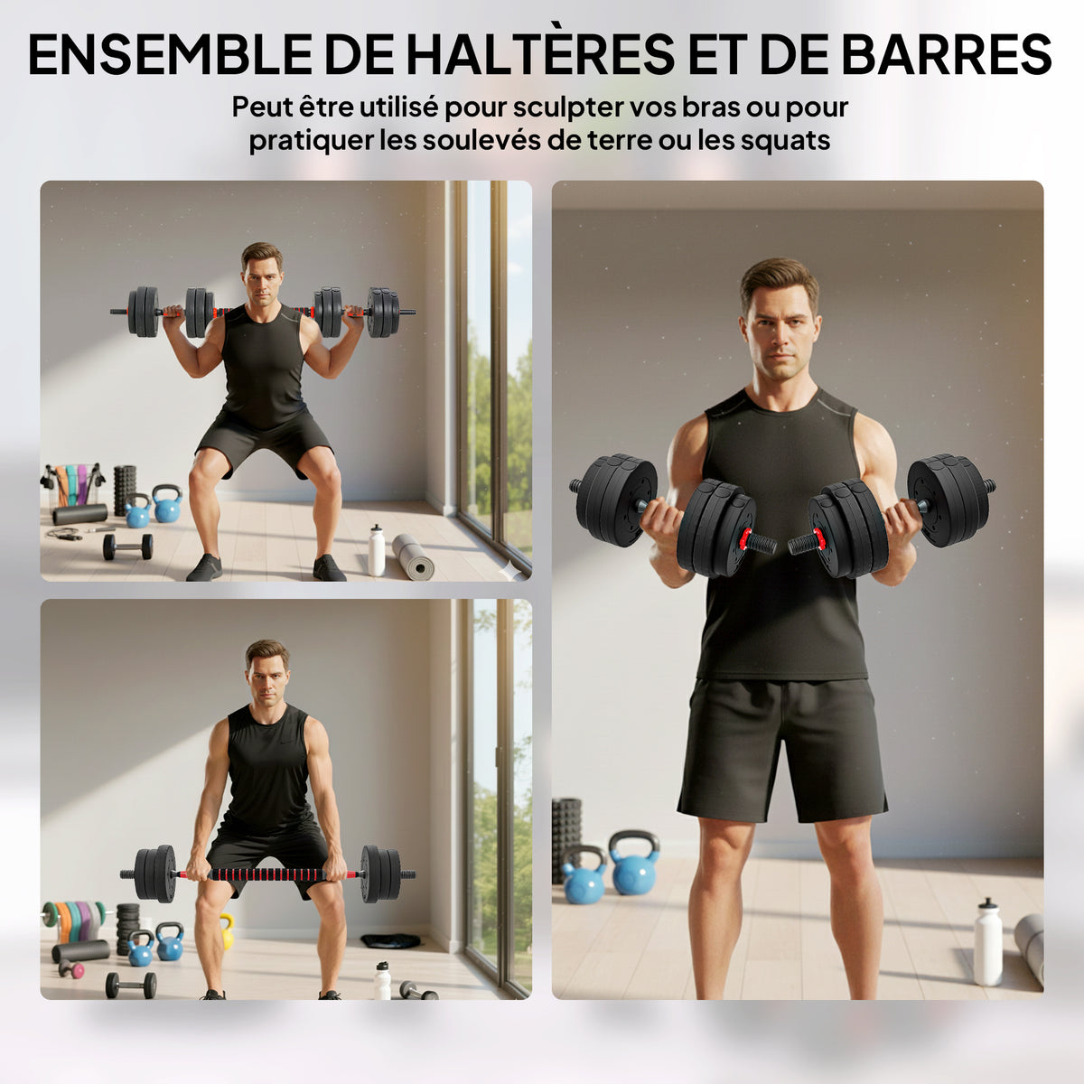 Kit Haltères Musculation 2-en-1, Lot de 2, 25 kg, poids réglable - Barres incluses - entraînement Musculaire & haltérophilie - HDPE Noir Rouge