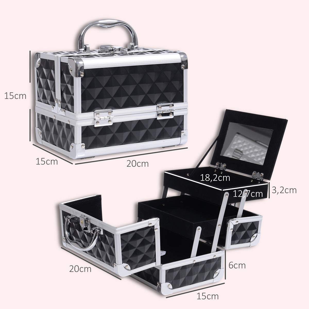 Maletín de maquillaje con organizador de 3 niveles, espejo y cierre con 2 llaves, dimensiones 20L x 15An x 15Al cm, negro